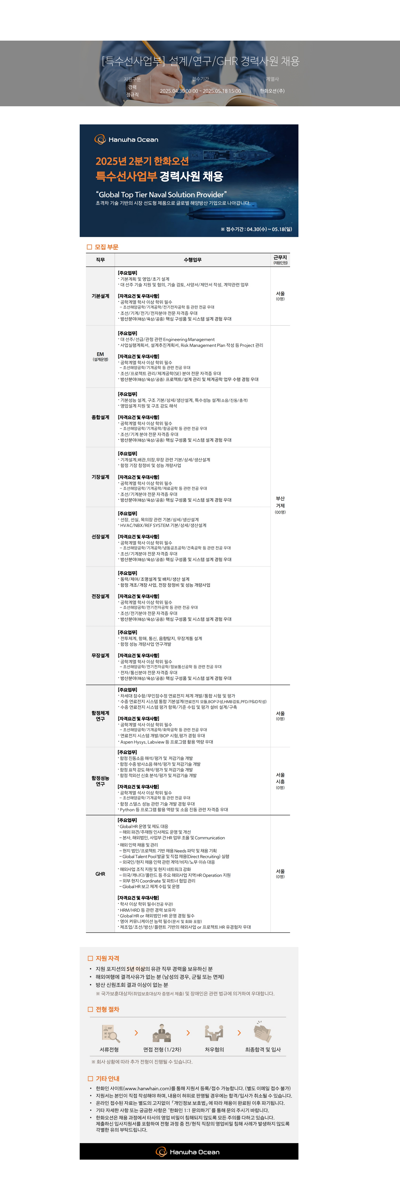 한화오션 [특수선 사업부] 설계 / 연구 / GHR 경력 사원 채용 채용공고
