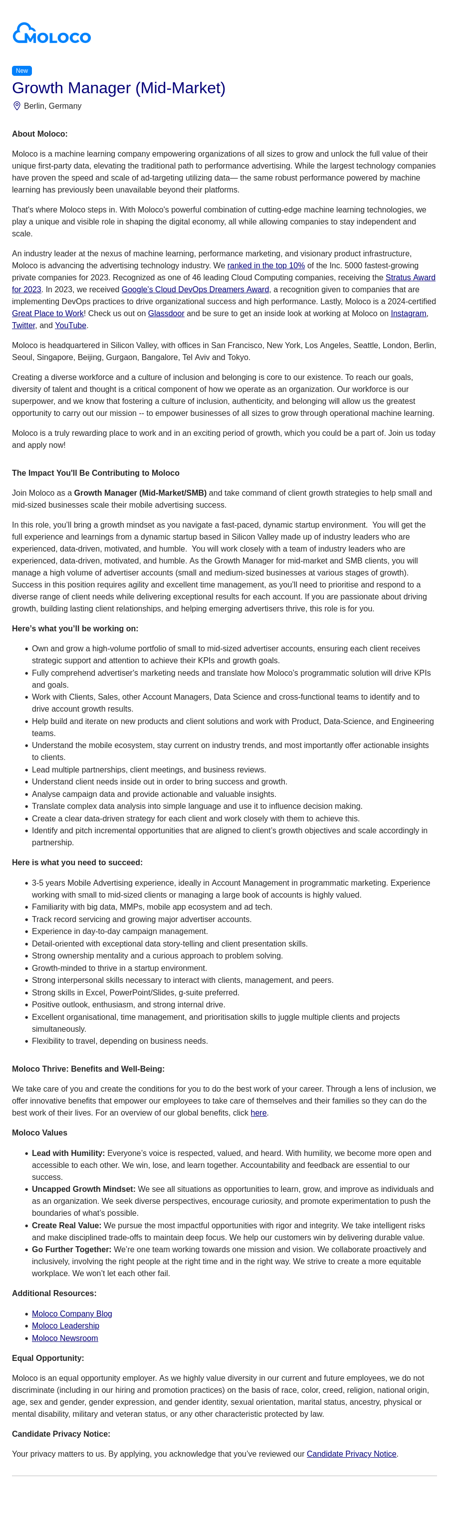 몰로코 Growth Manager (Mid-Market) 채용공고