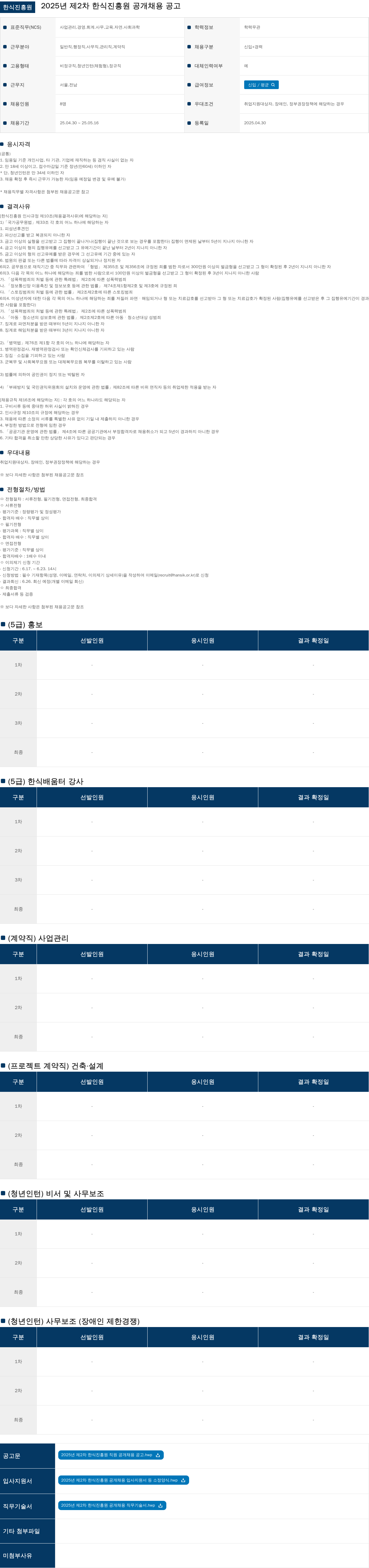 한식진흥원 2025년 제2차 한식진흥원 공개 채용 공고 채용공고