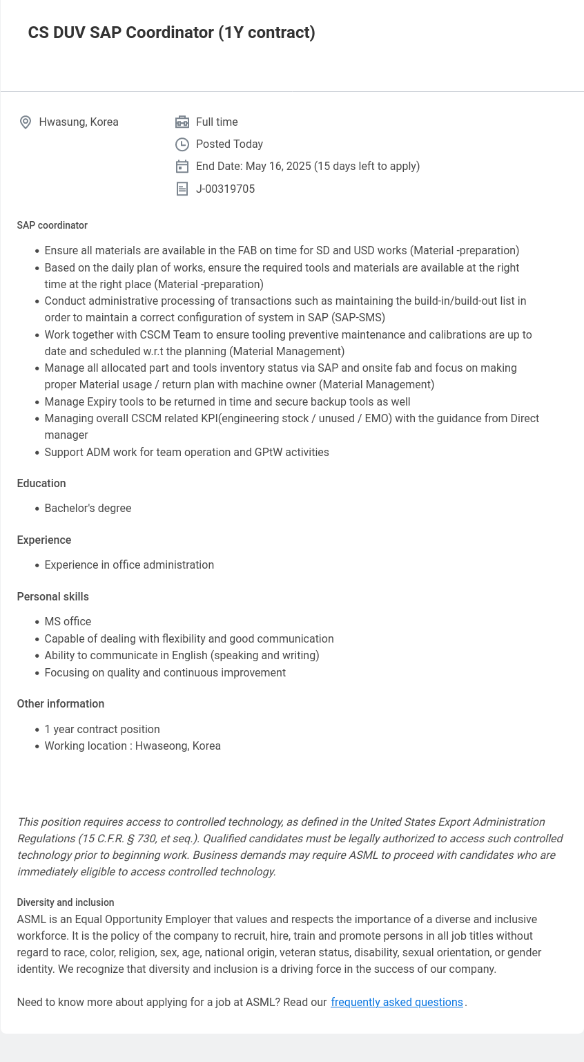 ASML CS DUV SAP Coordinator (1Y contract) 채용공고
