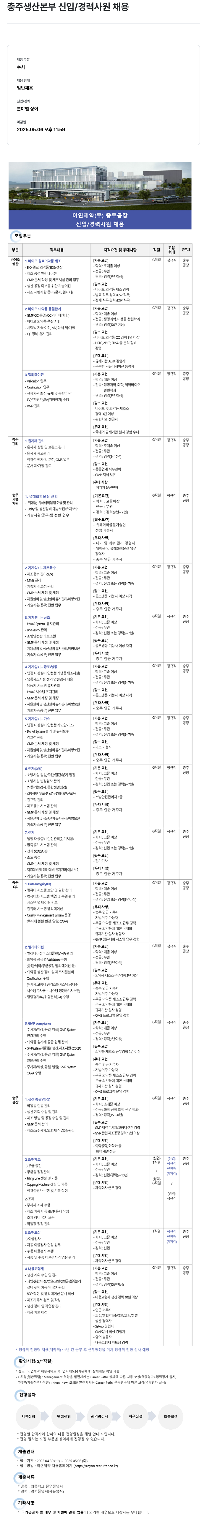이연제약 충주 생산 본부 신입 / 경력 사원 채용 채용공고