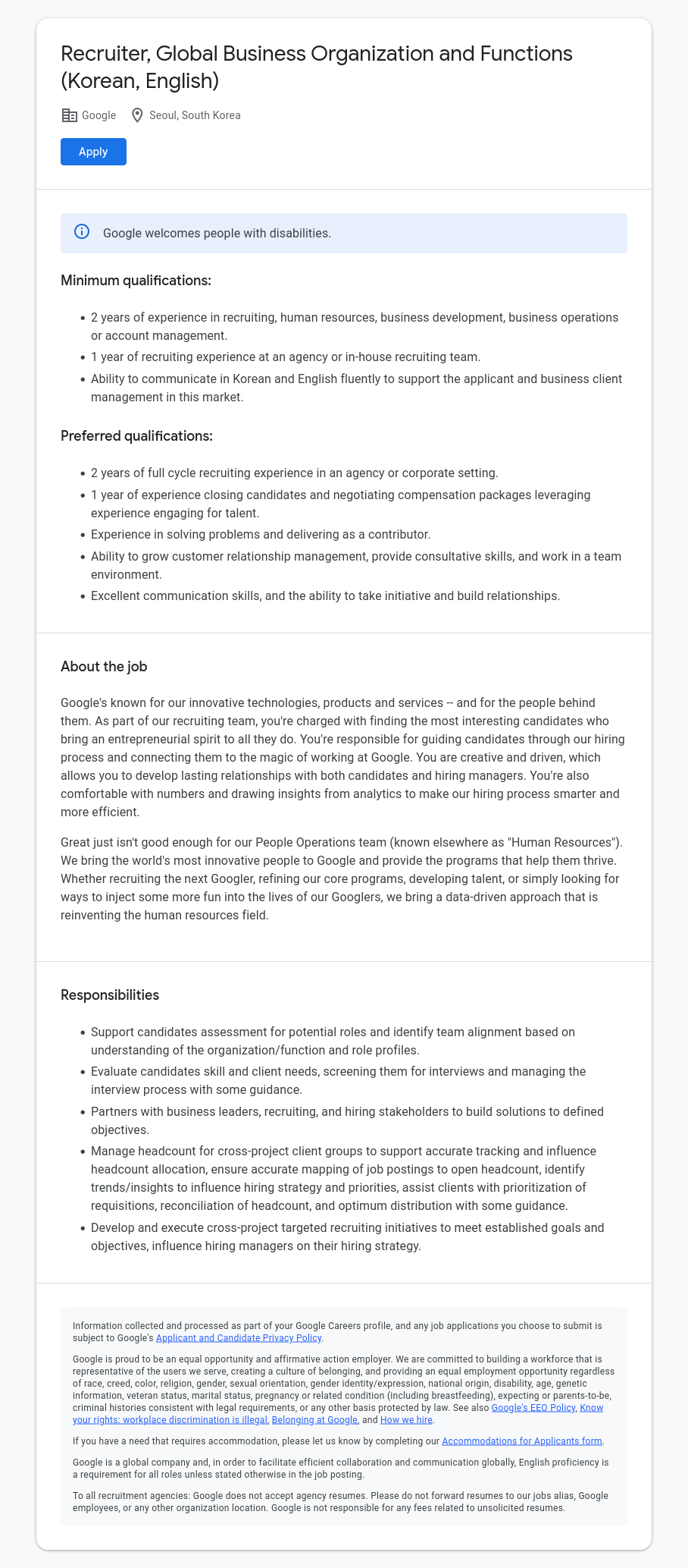 구글(Google) Recruiter, Global Business Organization and Functions (Korean, English) 채용공고