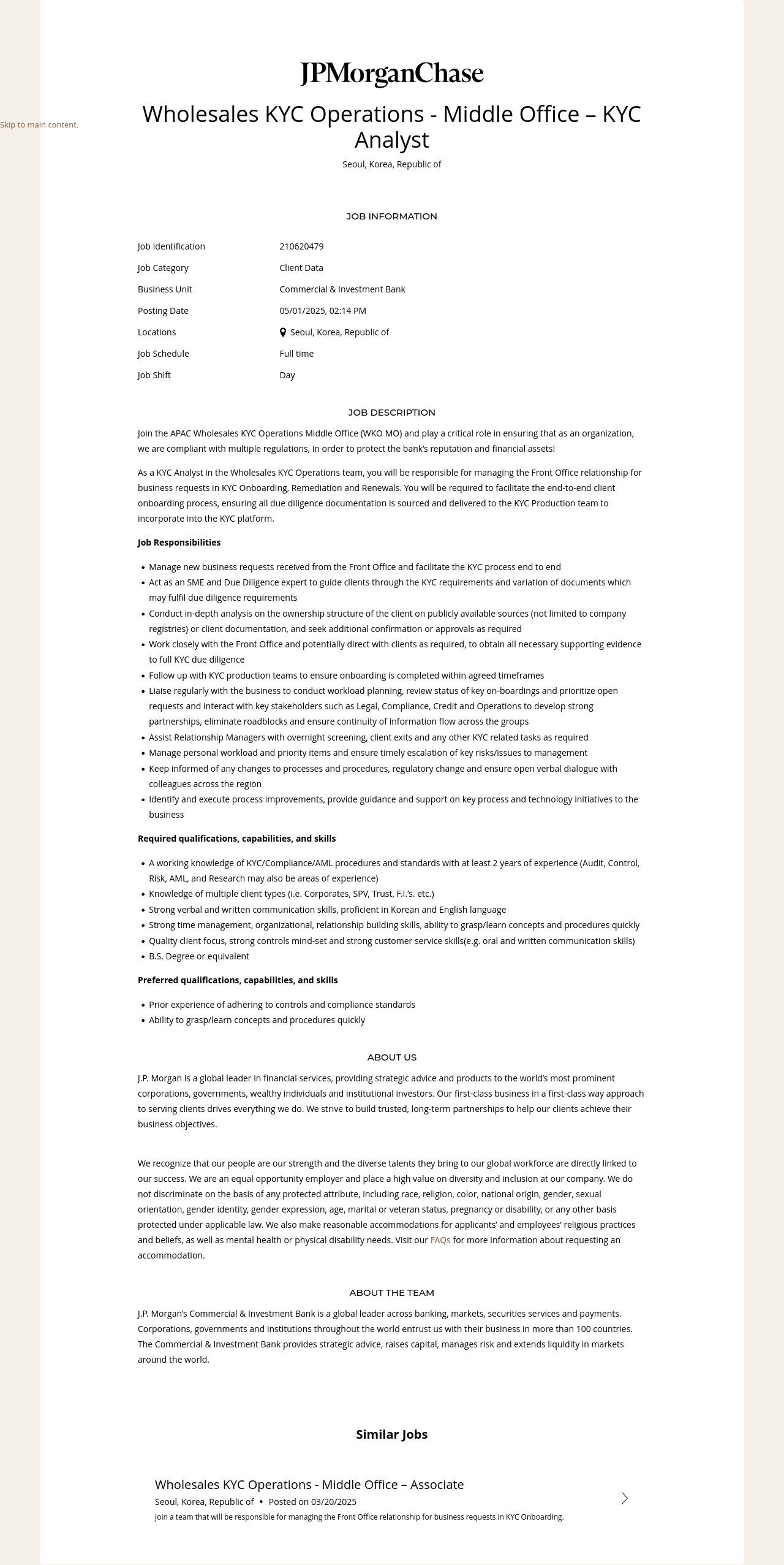 JPMorganChase Wholesales KYC Operations - Middle Office - KYC 채용공고