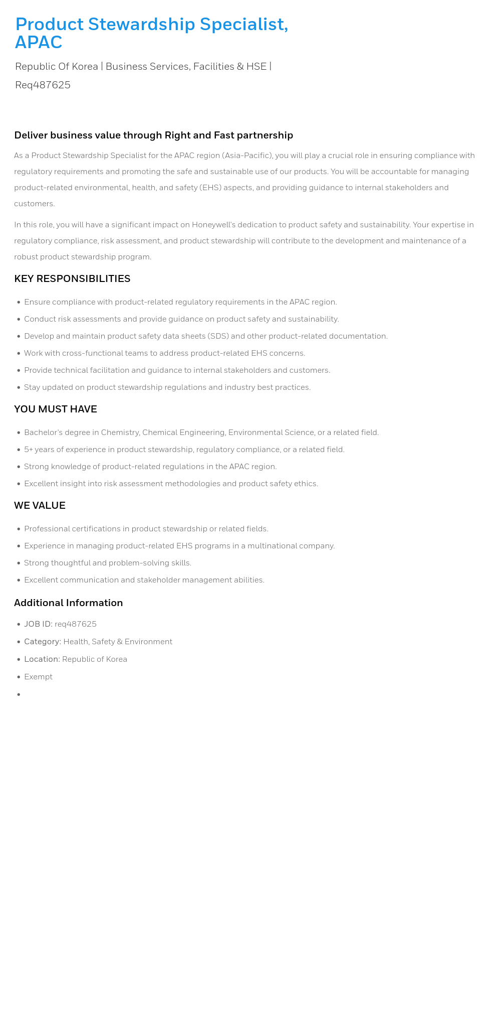 허니웰 Product Stewardship Specialist, APAC 채용공고