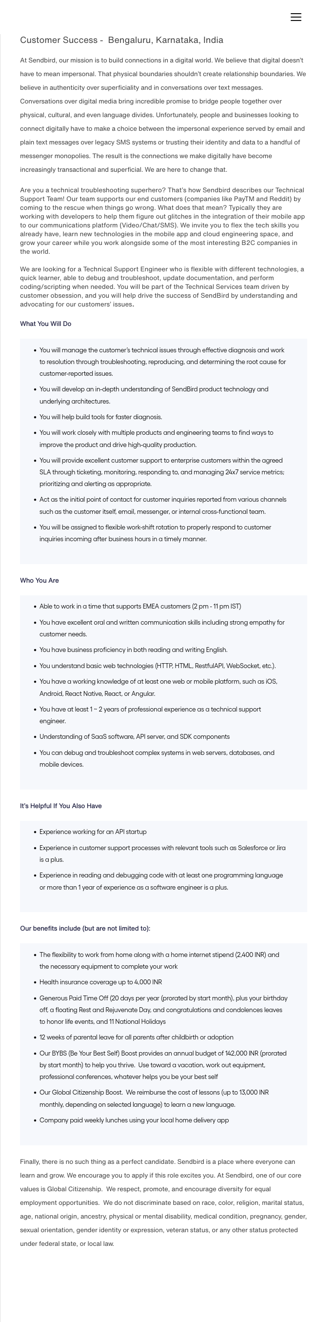 센드버드 Technical Support Engineer 채용 (Customer Success) 채용공고