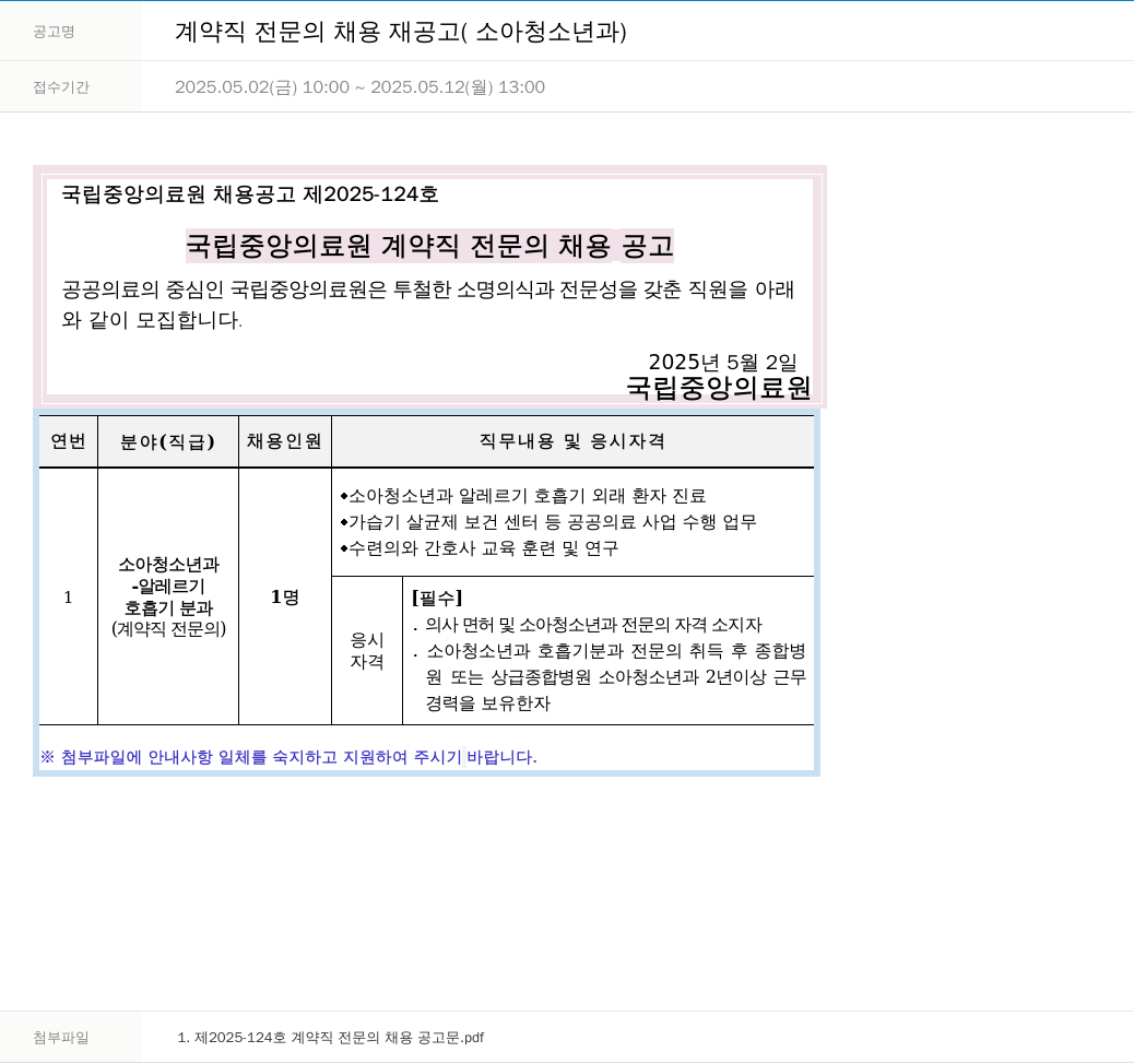 국립중앙의료원 계약직 전문의 채용 재공고 (소아청소년과) 채용공고