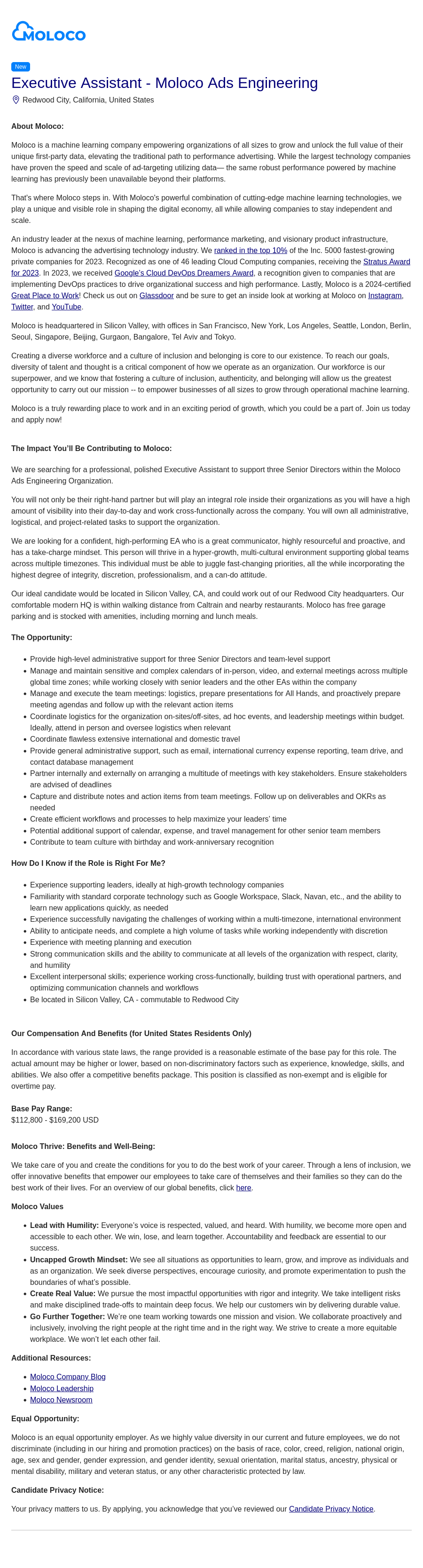 몰로코 Executive Assistant - Moloco Ads Engineering 채용공고