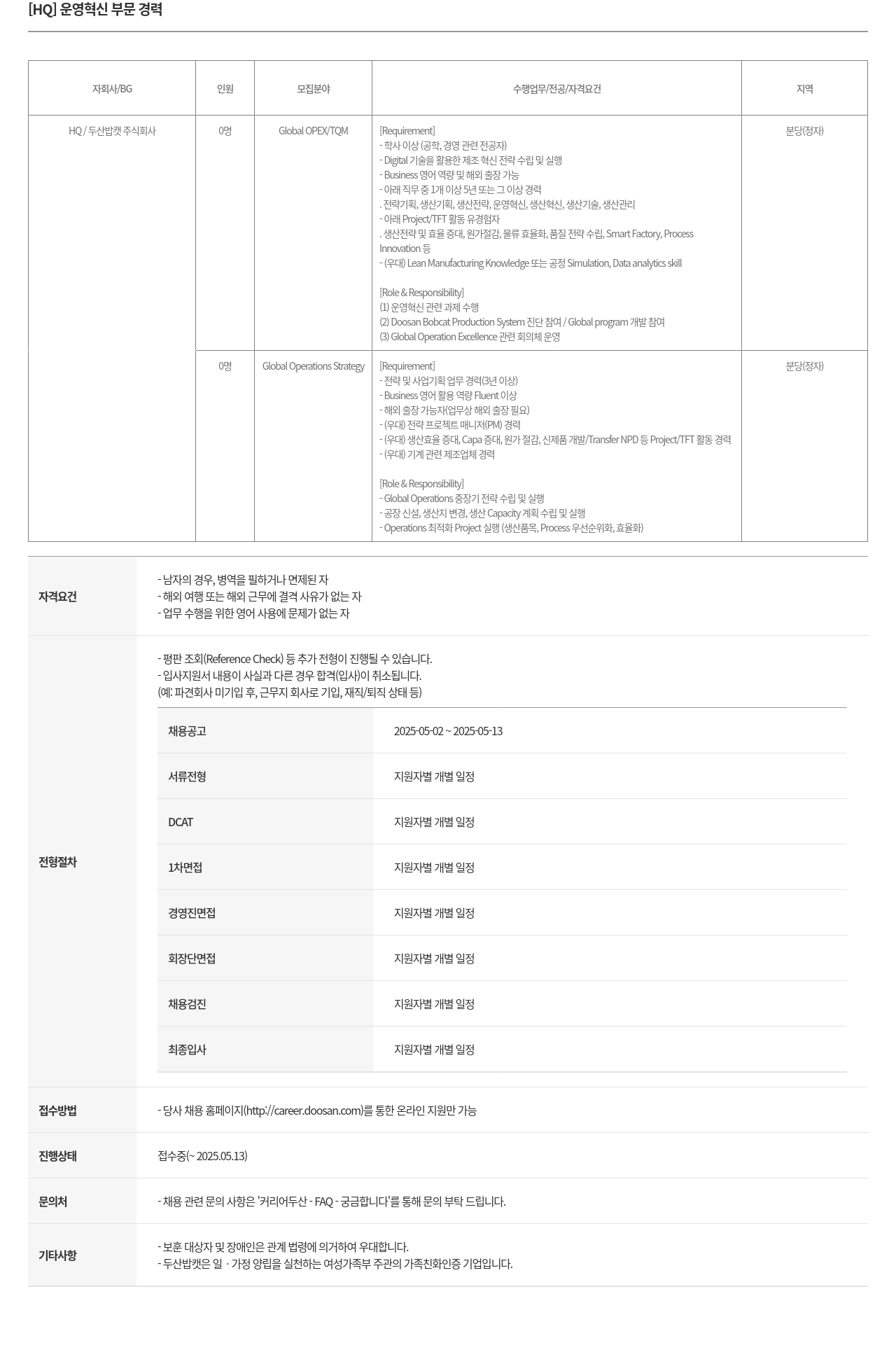 두산밥캣 [HQ] 운영 혁신 부문 경력 채용공고