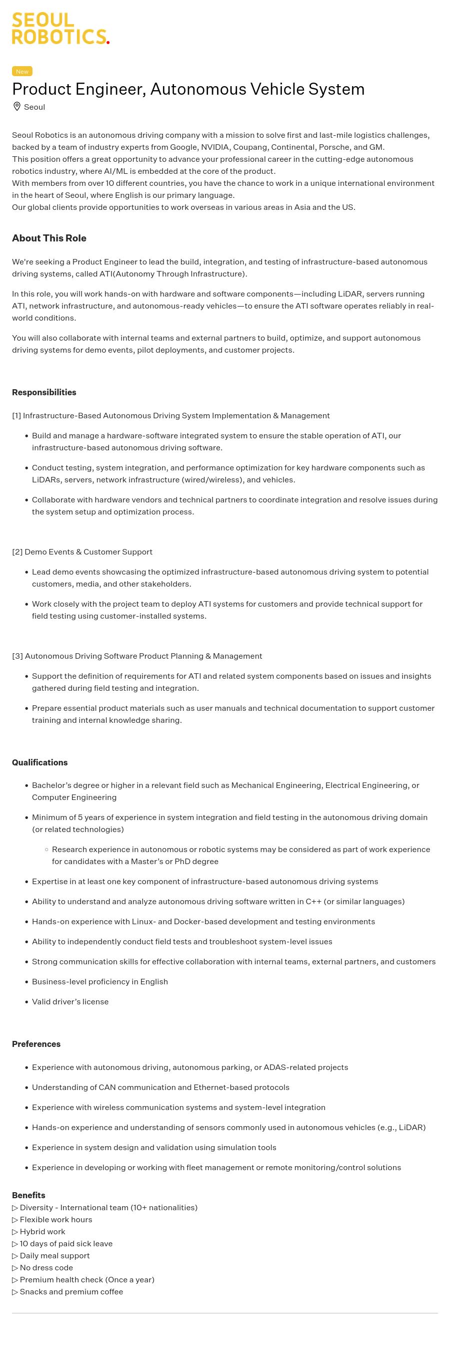 서울로보틱스 Product Engineer, Autonomous Vehicle System 채용공고