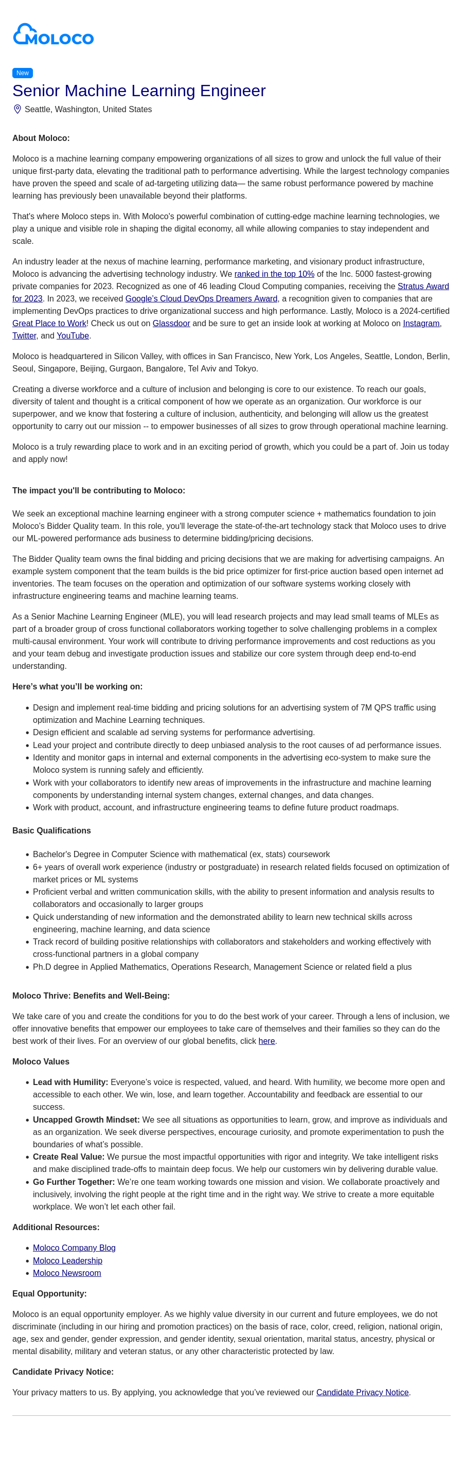 몰로코 Senior Machine Learning Engineer 채용공고