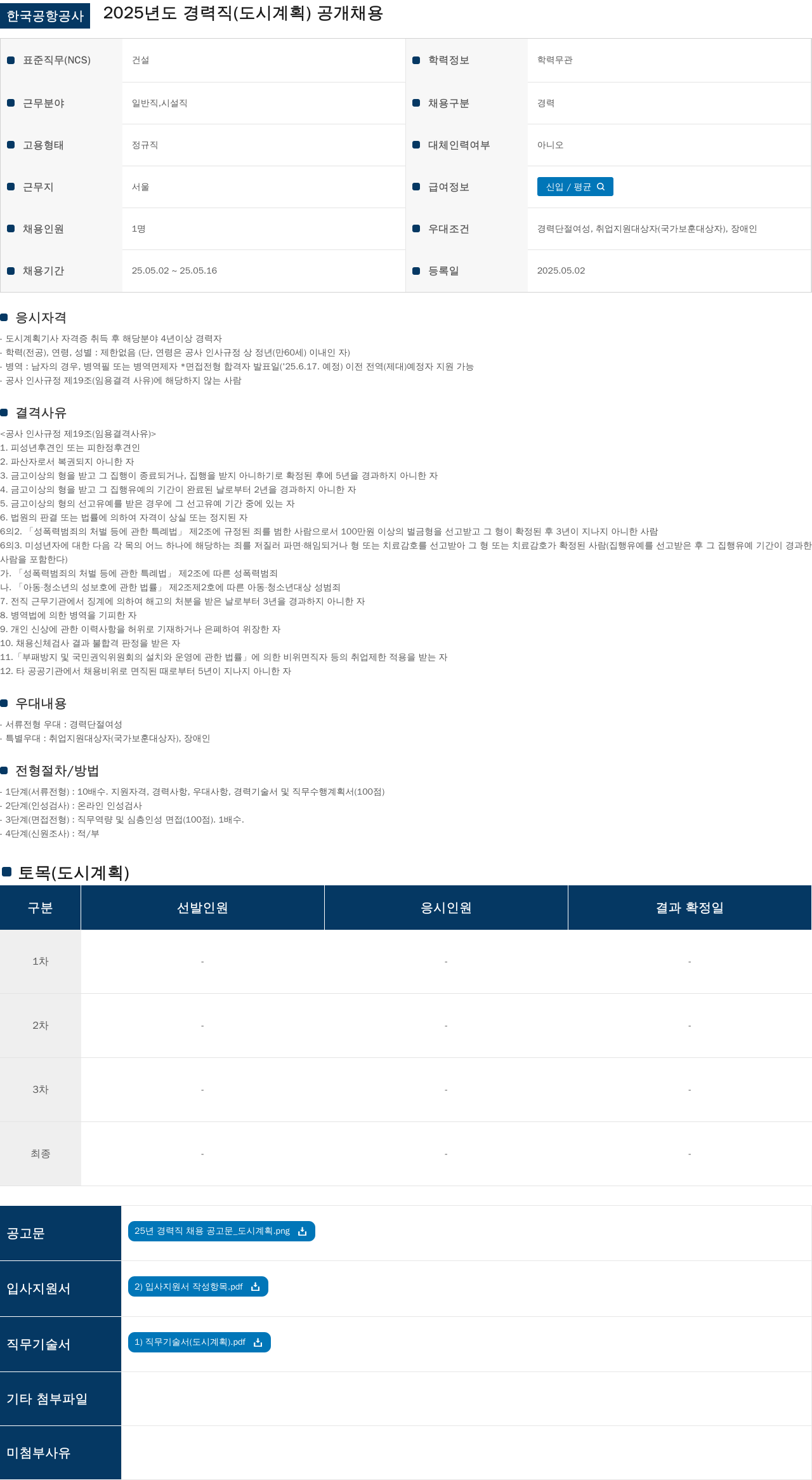 한국공항공사 2025년도 경력직(도시계획) 공개 채용 채용공고