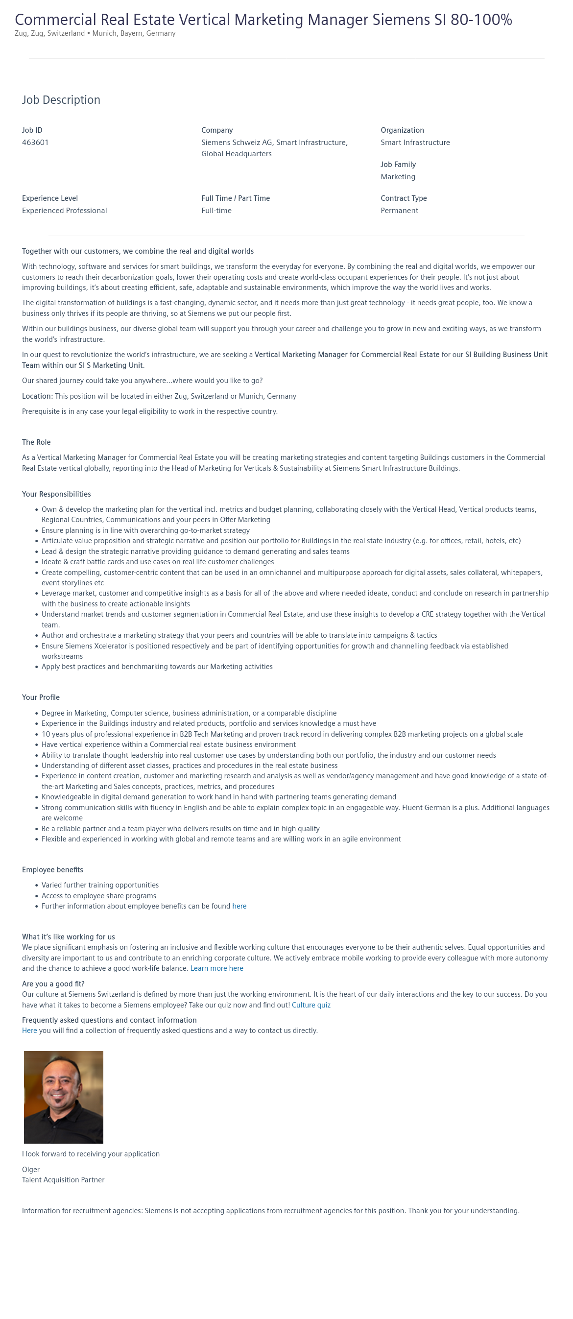 지멘스 Commercial Real Estate Vertical Marketing Manager Siemens SI 80-100% 채용공고