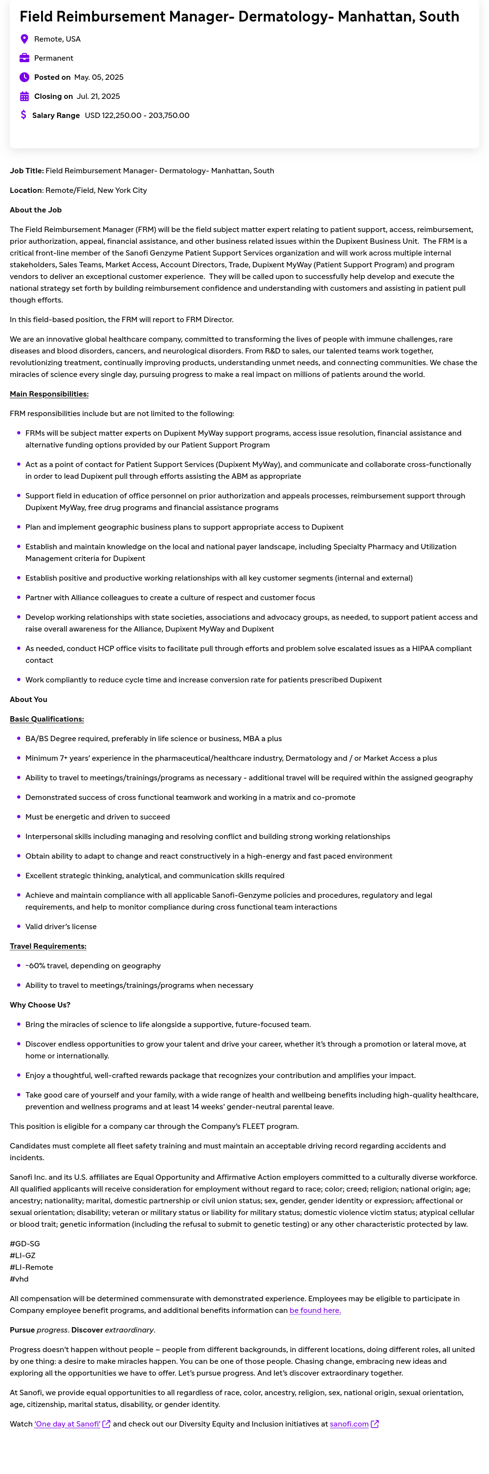 사노피 Field Reimbursement Manager- Dermatology- Manhattan, South 채용공고