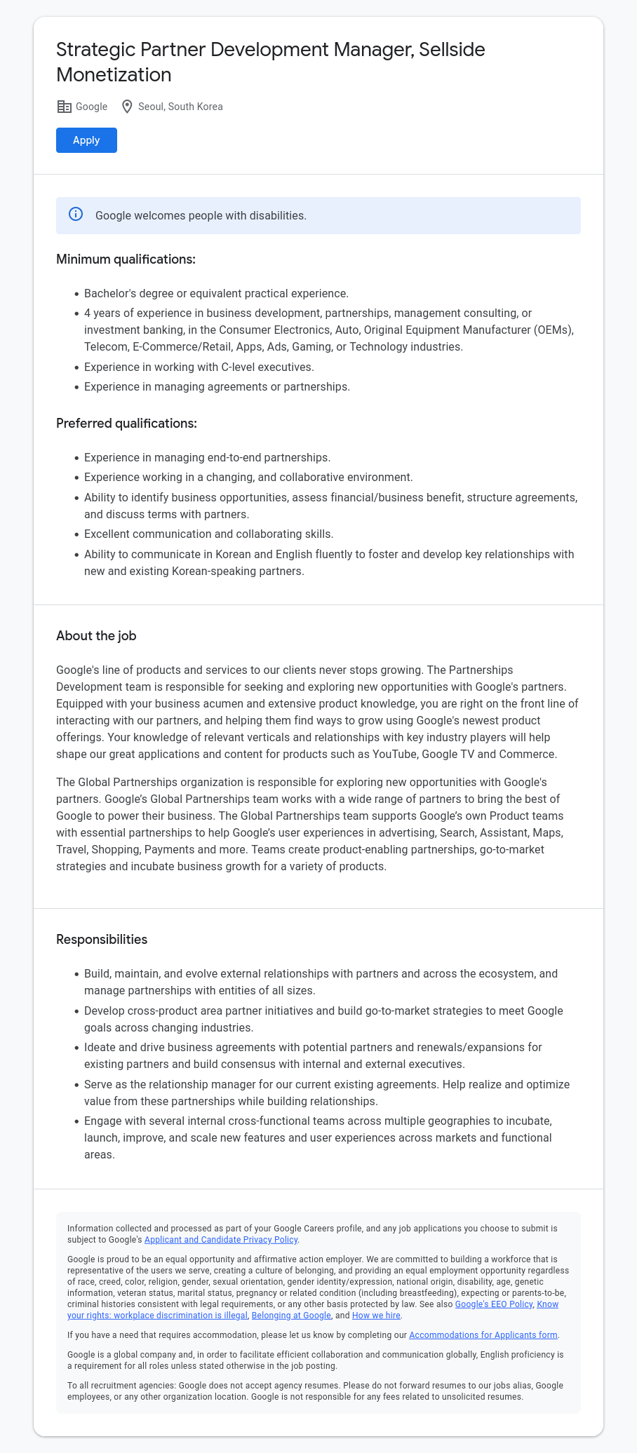 구글(Google) Strategic Partner Development Manager, Sellside 채용공고