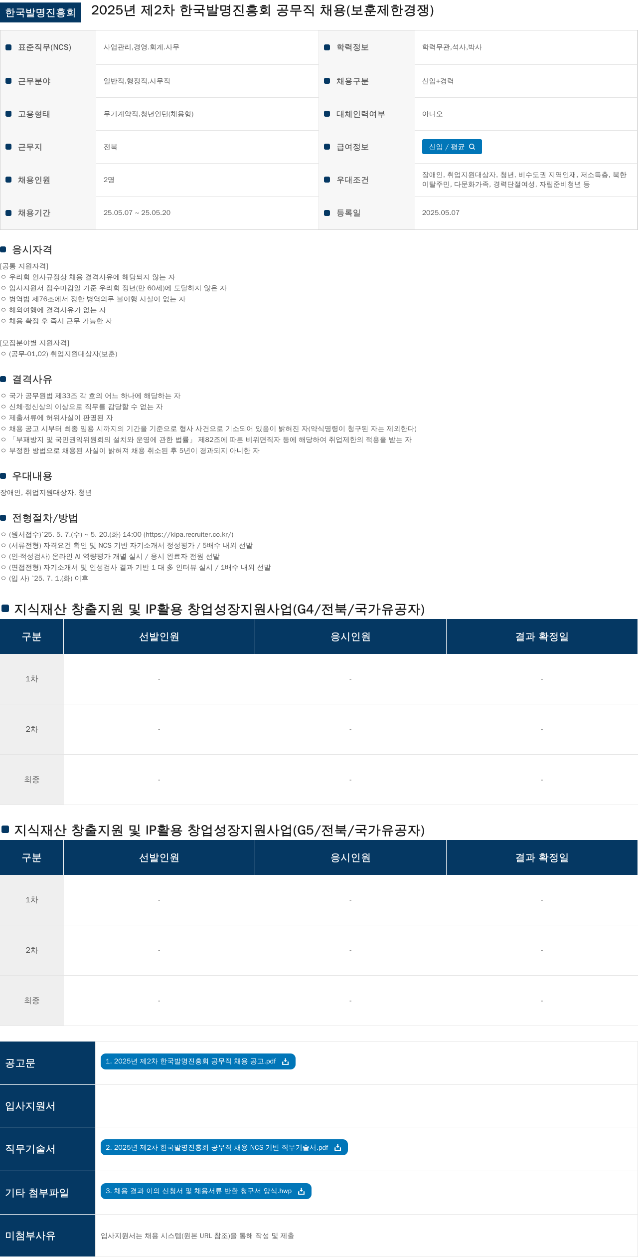 한국발명진흥회 2025년 제2차 한국발명진흥회 공무직 채용(보훈 제한 경쟁) 채용공고