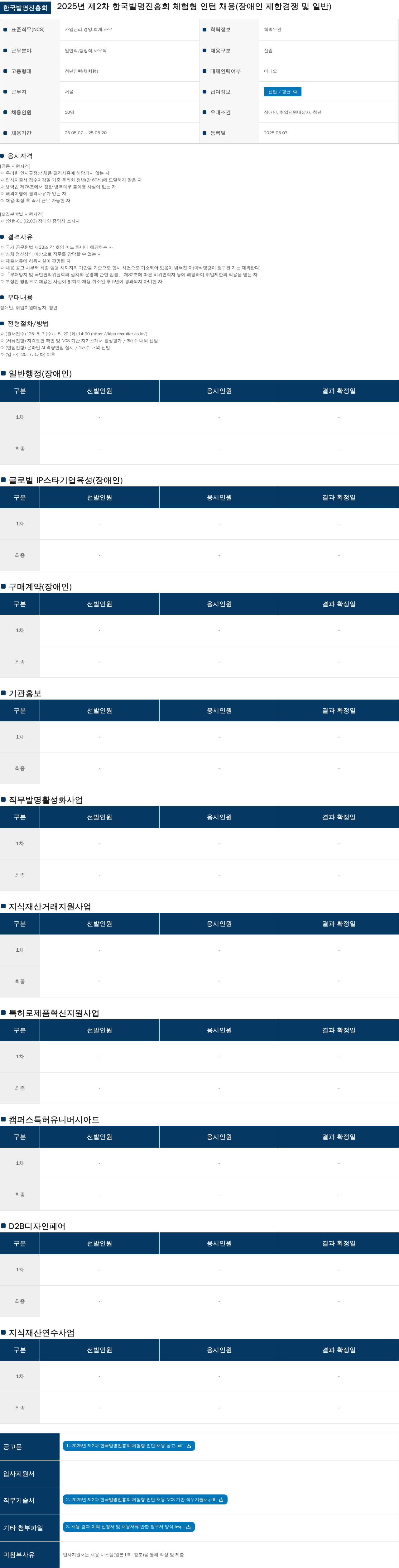 한국발명진흥회 2025년 제2차 한국발명진흥회 체험형 인턴 채용(장애인 제한경쟁 및 일반) 채용공고