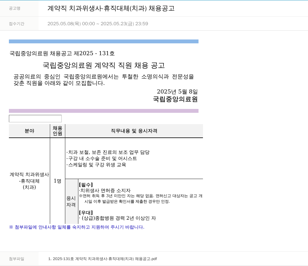국립중앙의료원 계약직 치과 위생사 휴직 대체 (치과) 채용 공고 채용공고