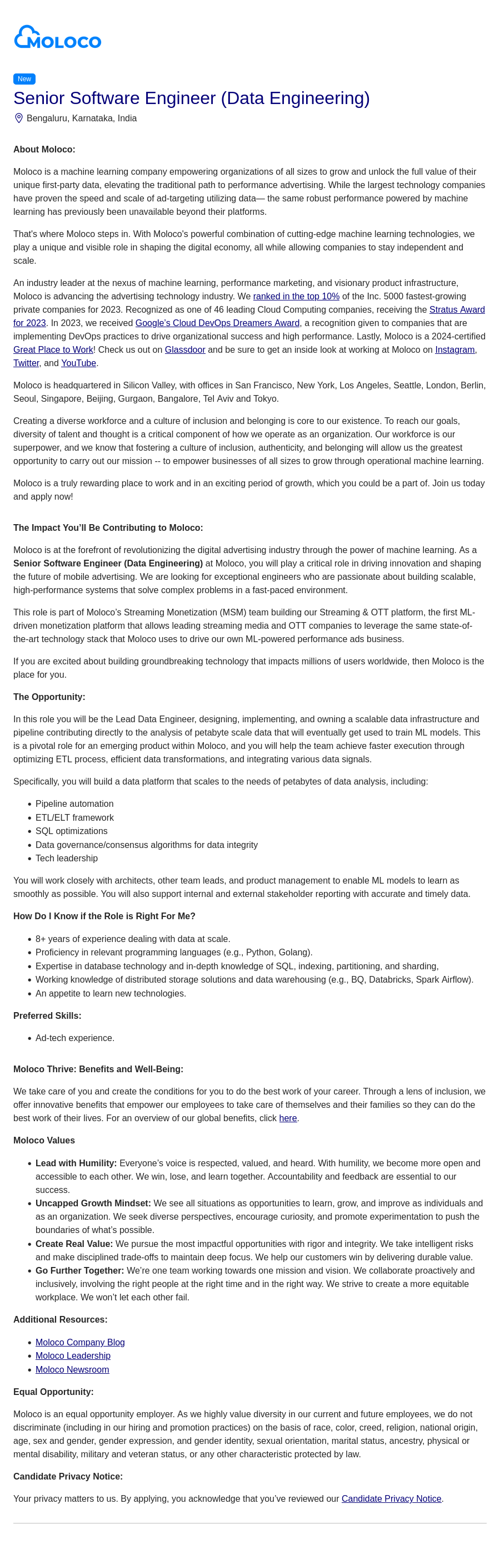 몰로코 Senior Software Engineer (Data Engineering) 채용공고