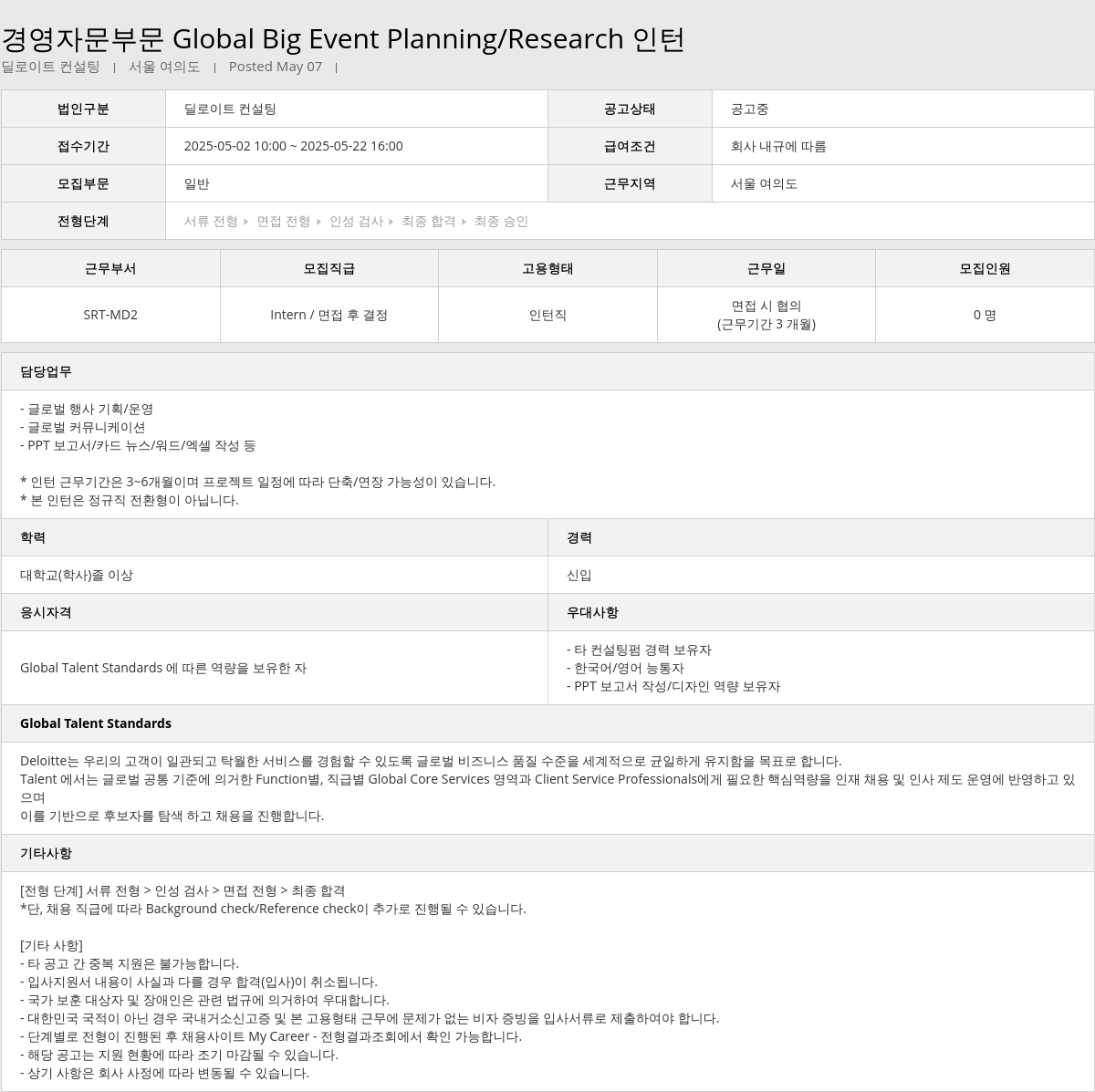 딜로이트안진 경영 자문 부문 Global Big Event Planning / Research 인턴 채용공고