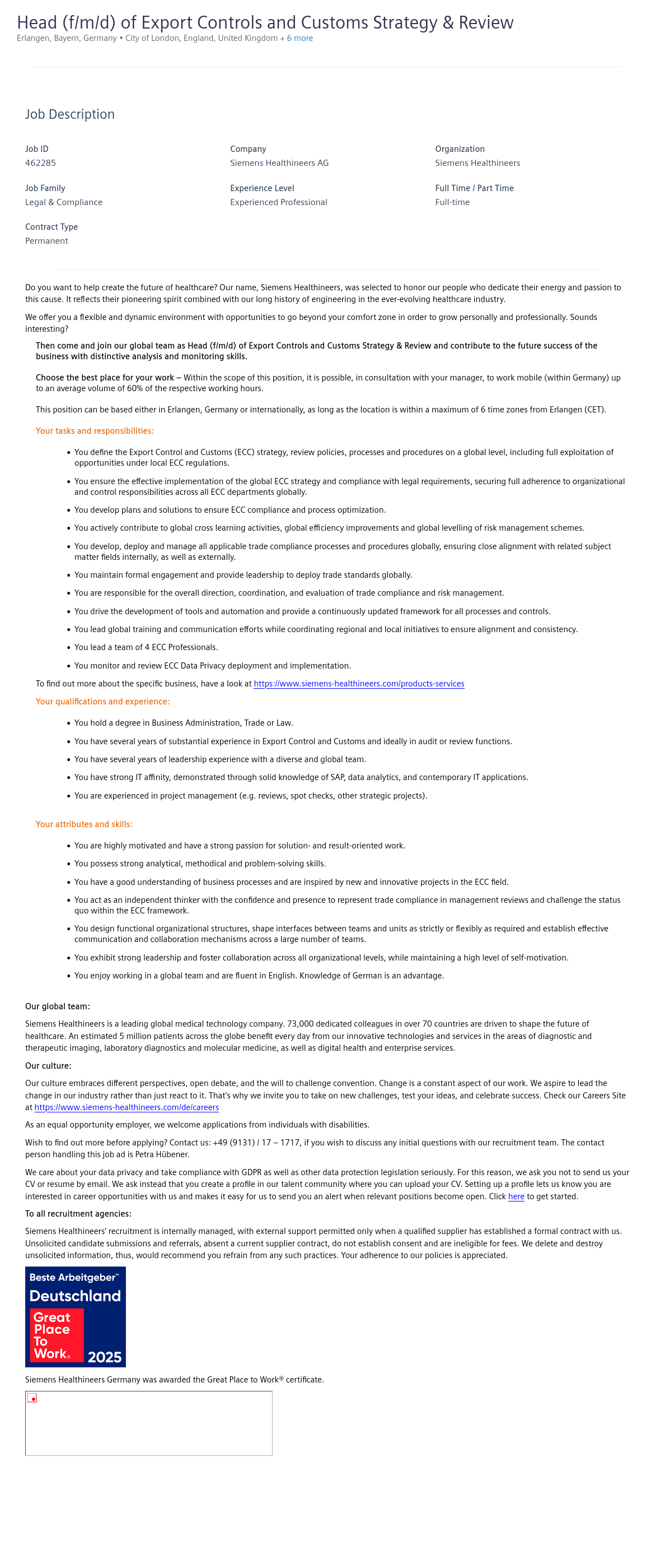 지멘스 Head (f/m/d) of Export Controls and Customs Strategy & Review 채용공고