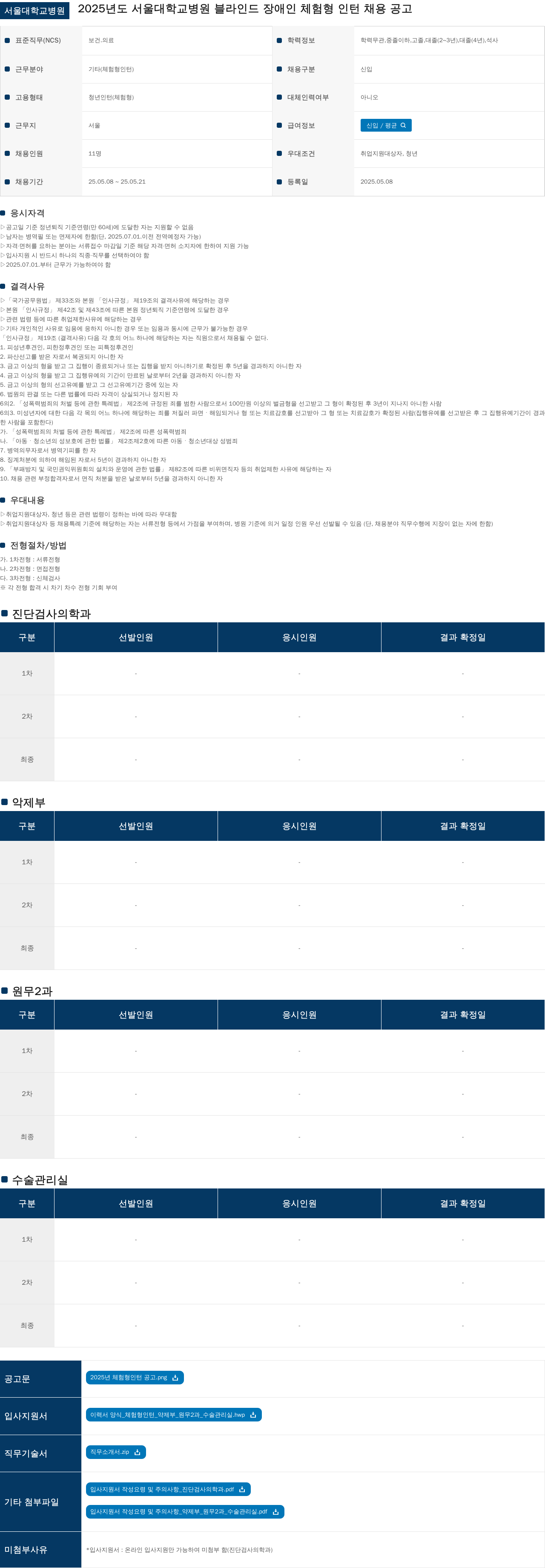 서울대학교병원 2025년도 서울대학교병원 블라인드 장애인 체험형 인턴 채용 공고 채용공고