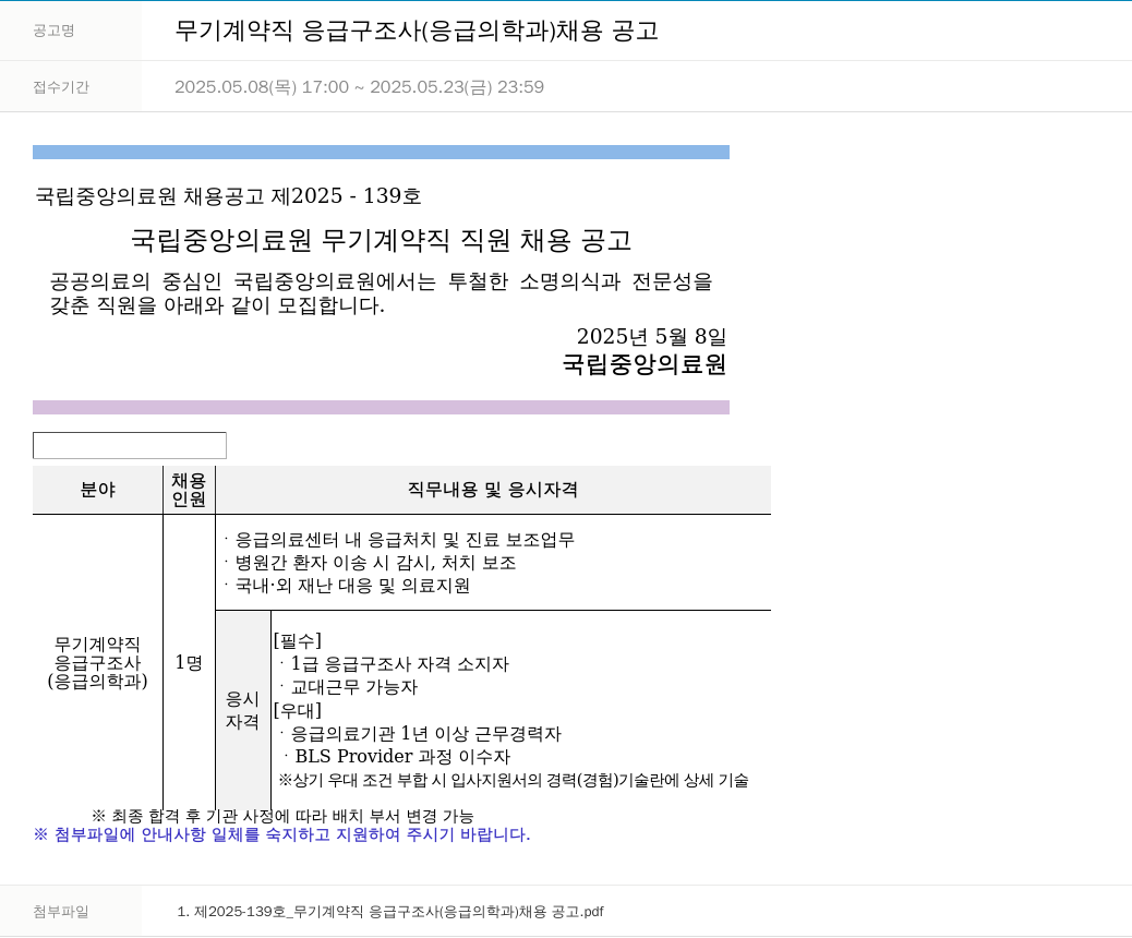 국립중앙의료원 무기 계약직 응급 구조사 (응급 의학과) 채용 공고 채용공고