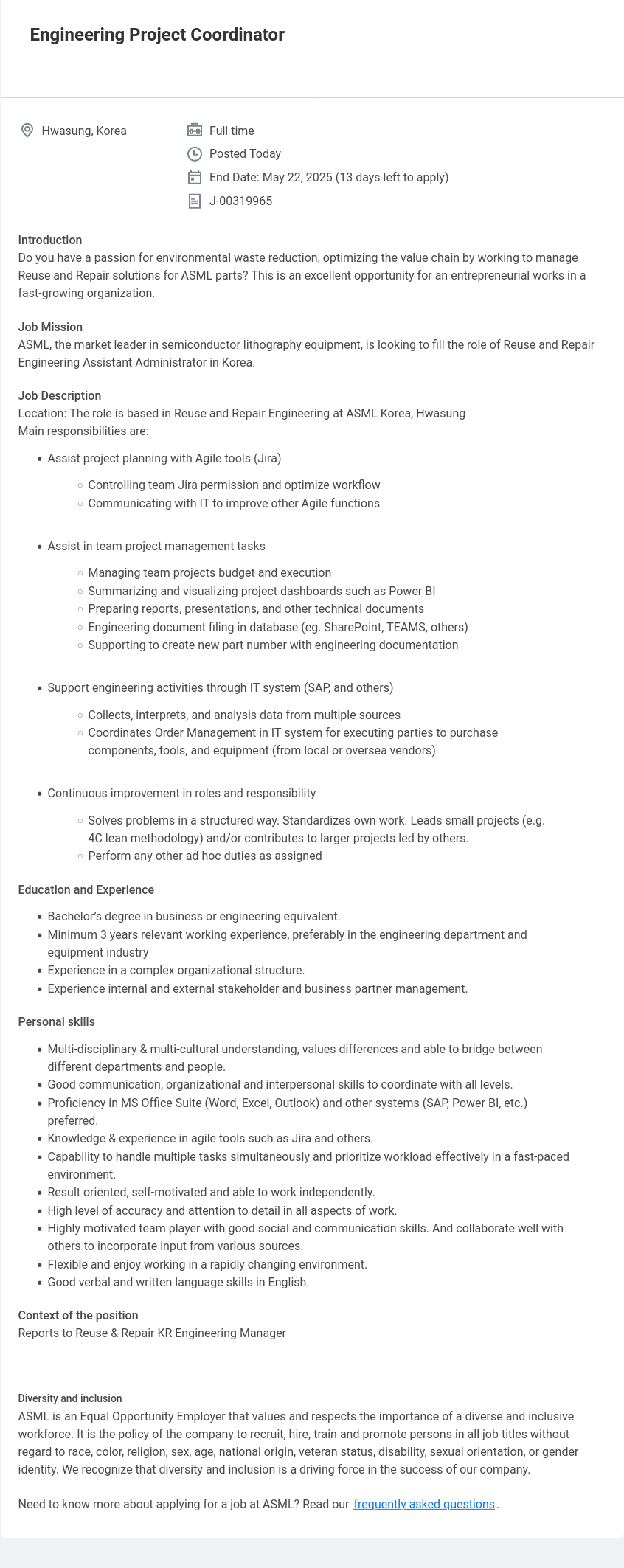 ASML Engineering Project Coordinator 채용공고