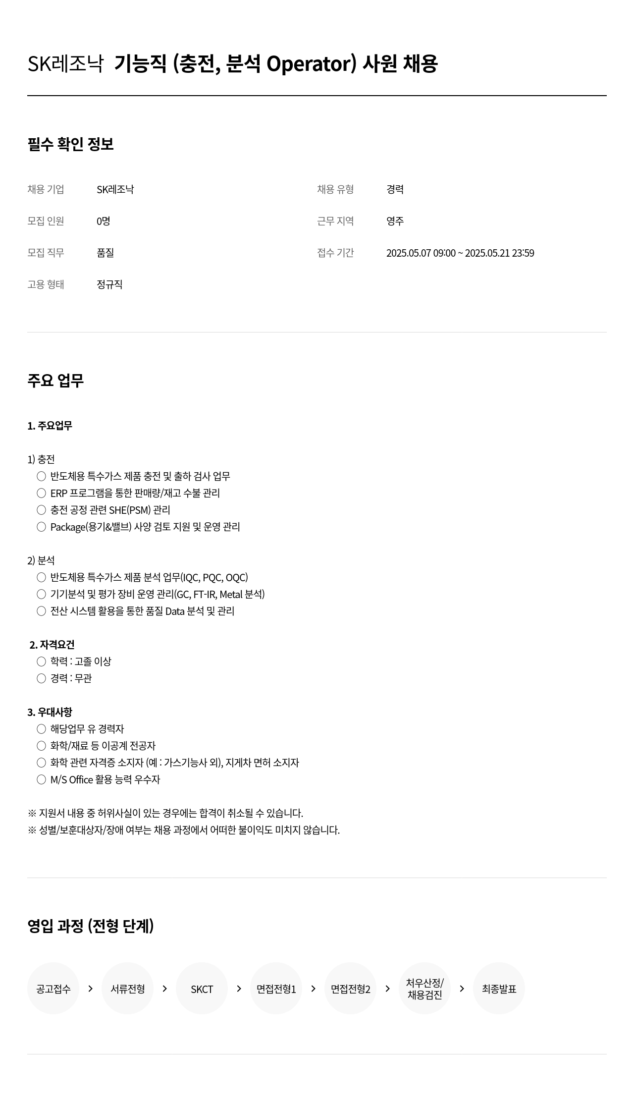 SK레조낙 SK 레조 낙 기능직 (충전, 분석 Operator) 사원 채용 채용공고
