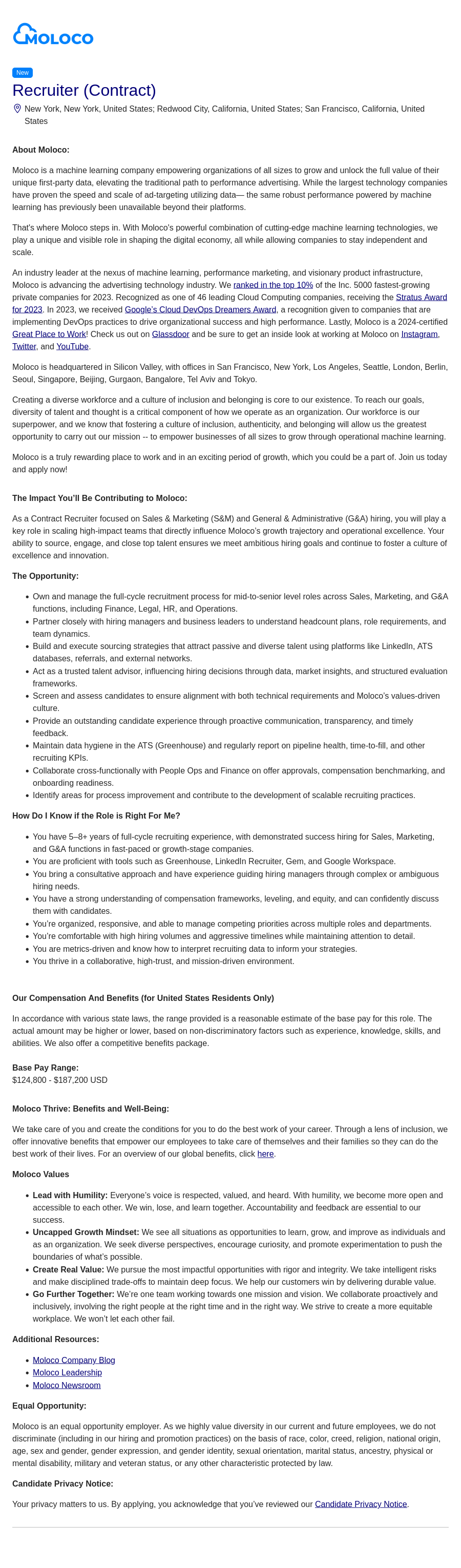 몰로코 Recruiter (Contract) 채용공고