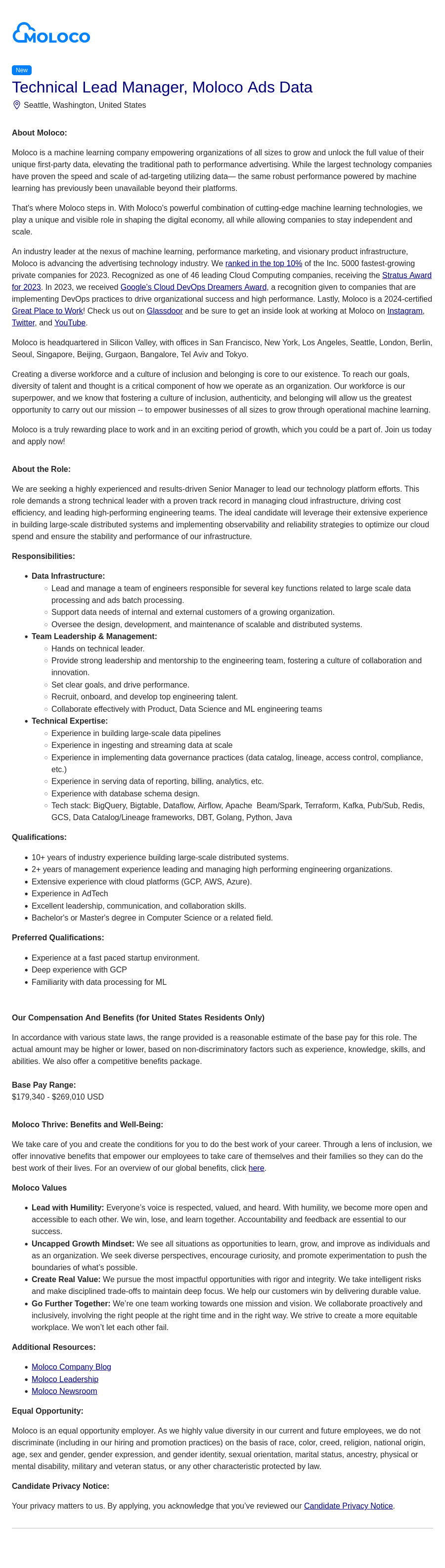몰로코 Technical Lead Manager, Moloco Ads Data 채용공고
