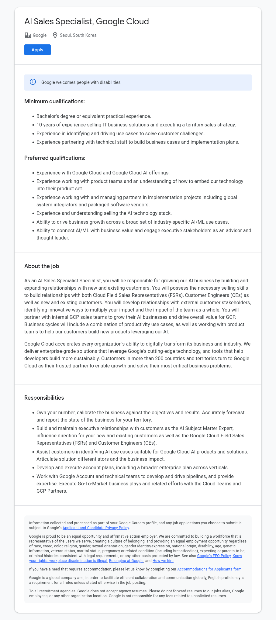 구글(Google) AI Sales Specialist, Google Cloud 채용공고