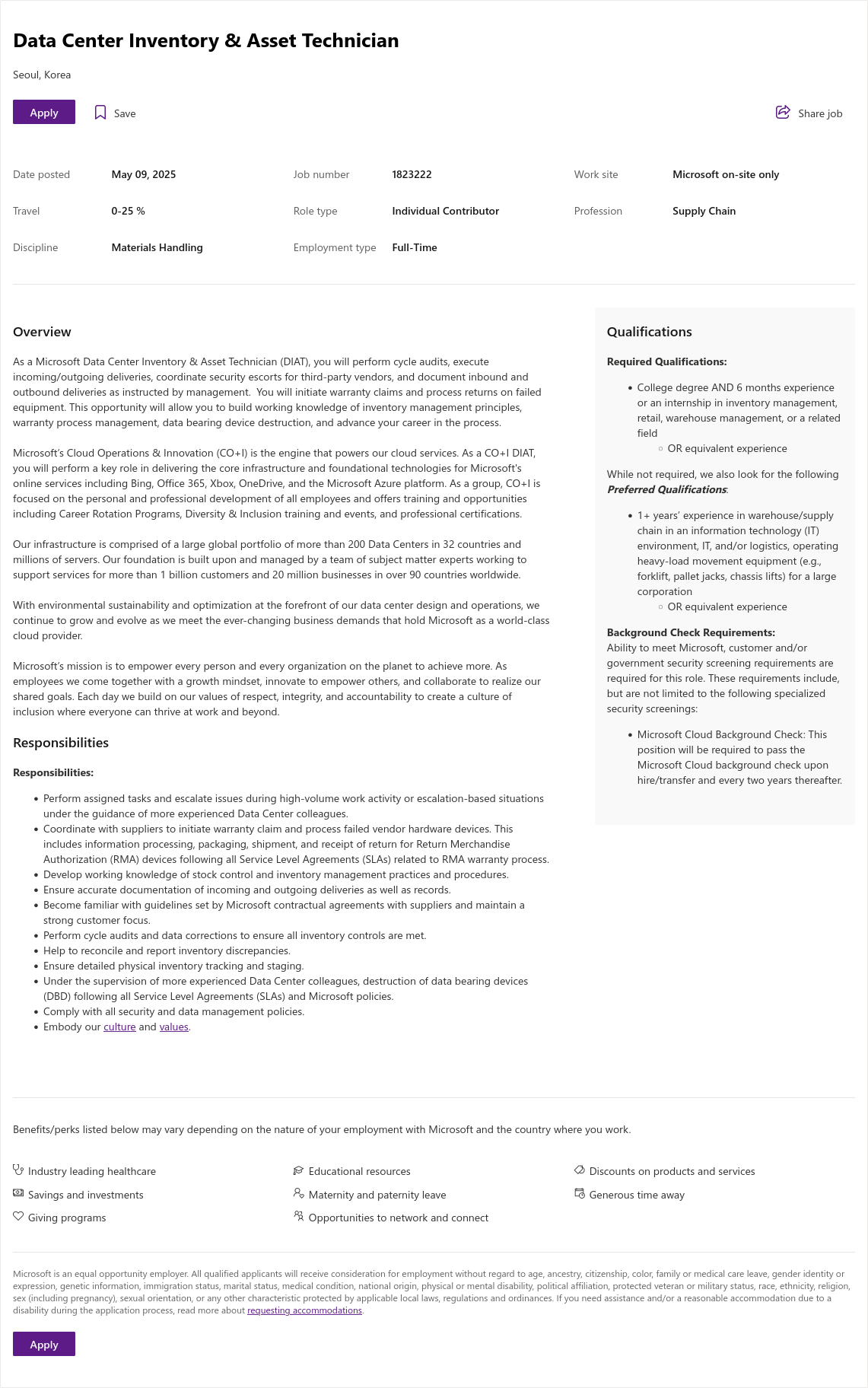 마이크로소프트(Microsoft) Data Center Inventory & Asset Technician 채용공고