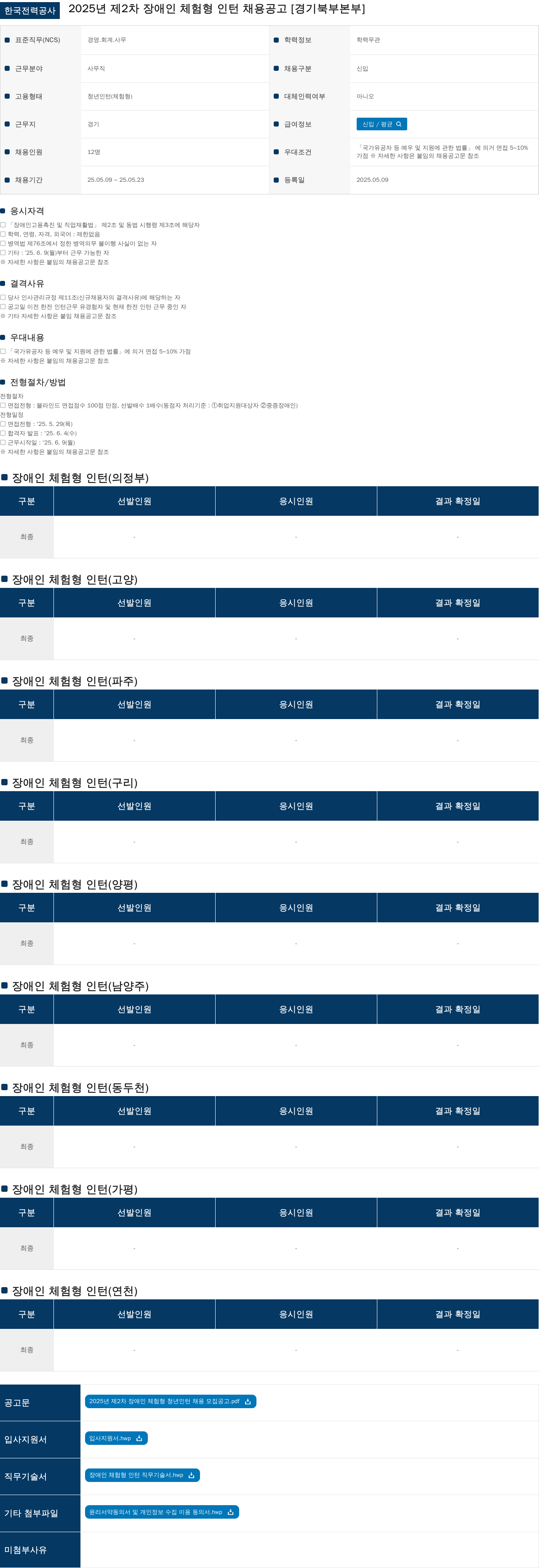 한국전력공사 2025년 제2차 장애인 체험형 인턴 채용 공고 [경기북부본부] 채용공고