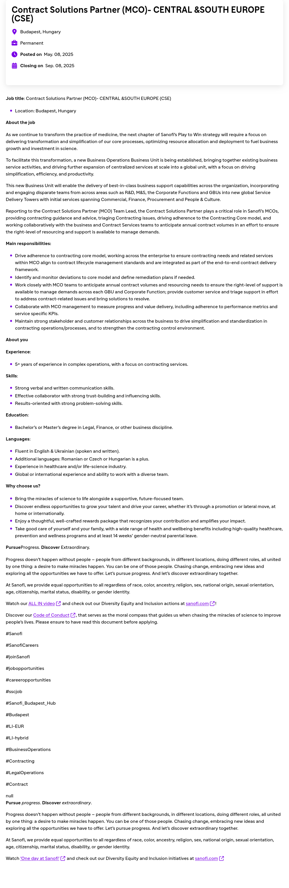 사노피 Contract Solutions Partner (MCO) - CENTRAL & SOUTH EUROPE (CSE) 채용공고