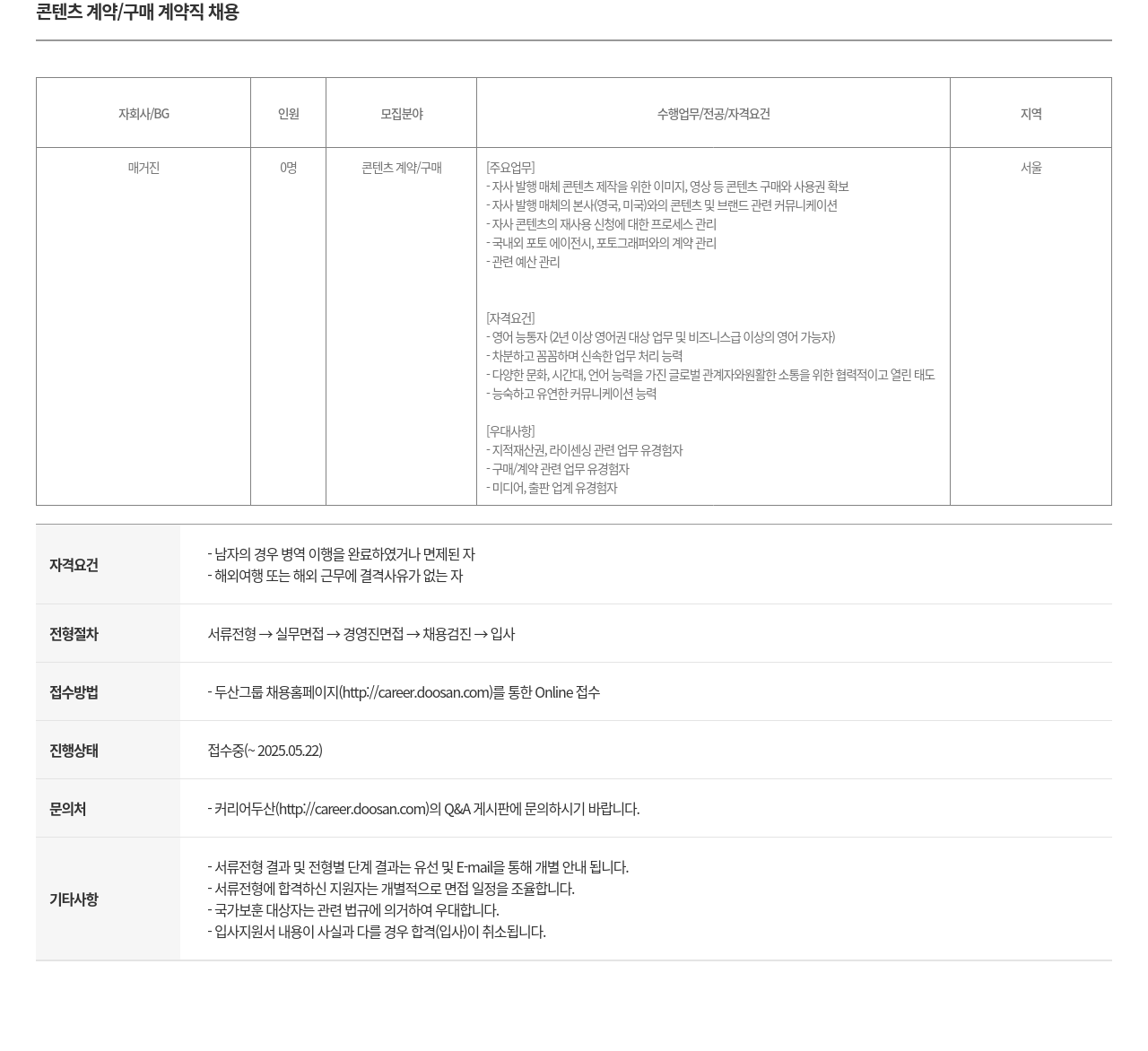 두산매거진 콘텐츠 계약 / 구매 계약직 채용 채용공고
