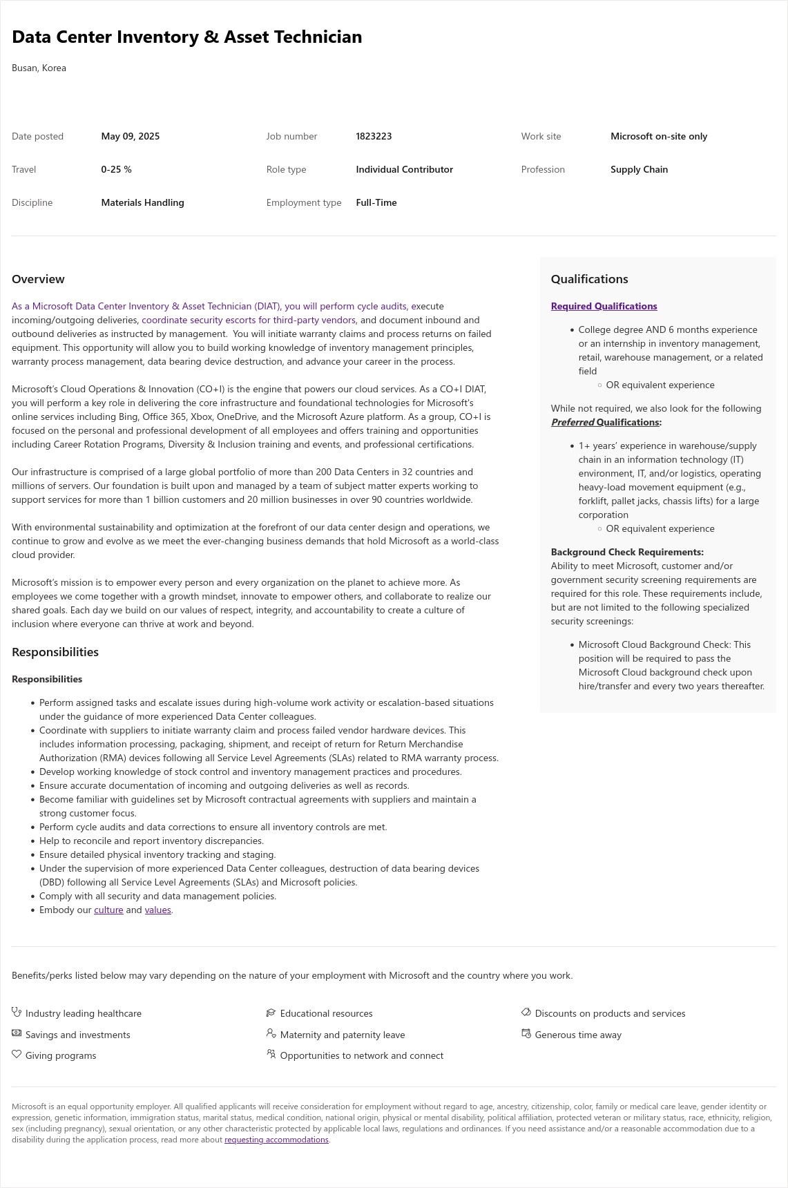 마이크로소프트(Microsoft) Data Center Inventory & Asset Technician 채용공고