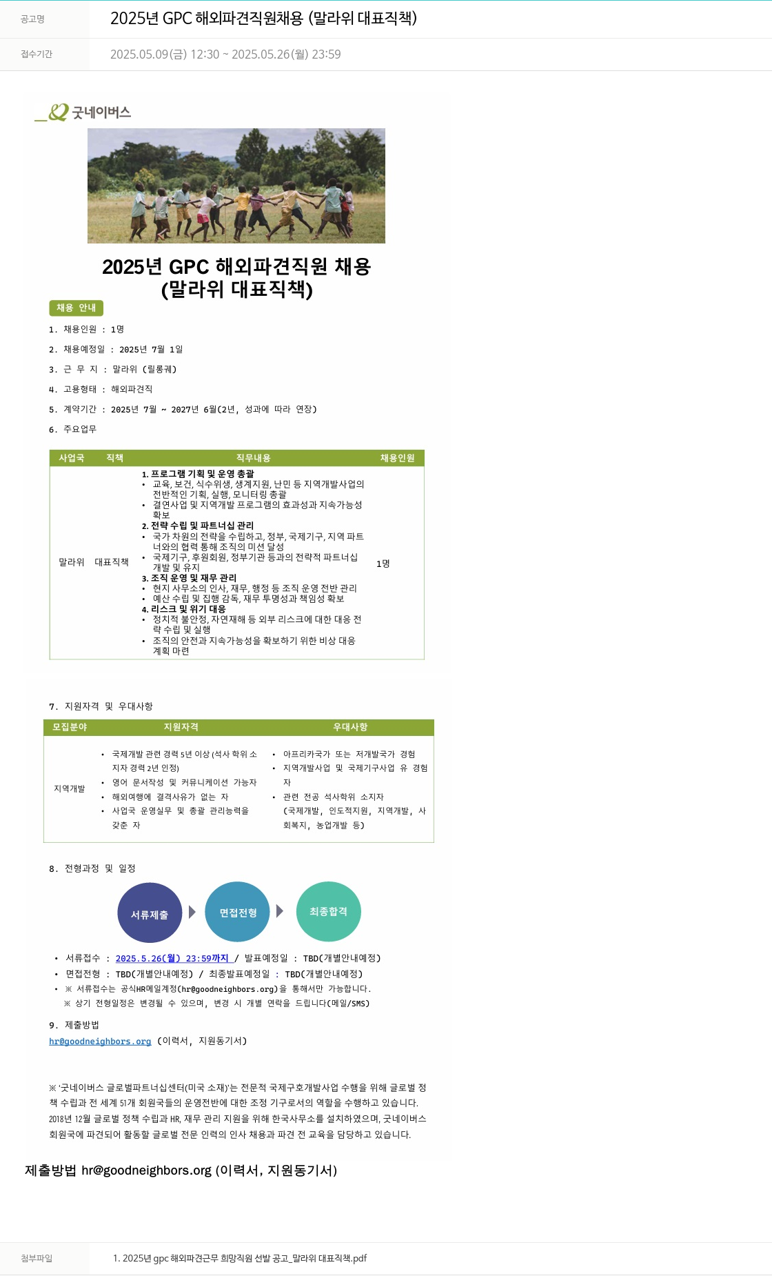 굿네이버스 2025년 GPC 해외 파견 직원 채용 (말라위 대표 직책) 채용공고