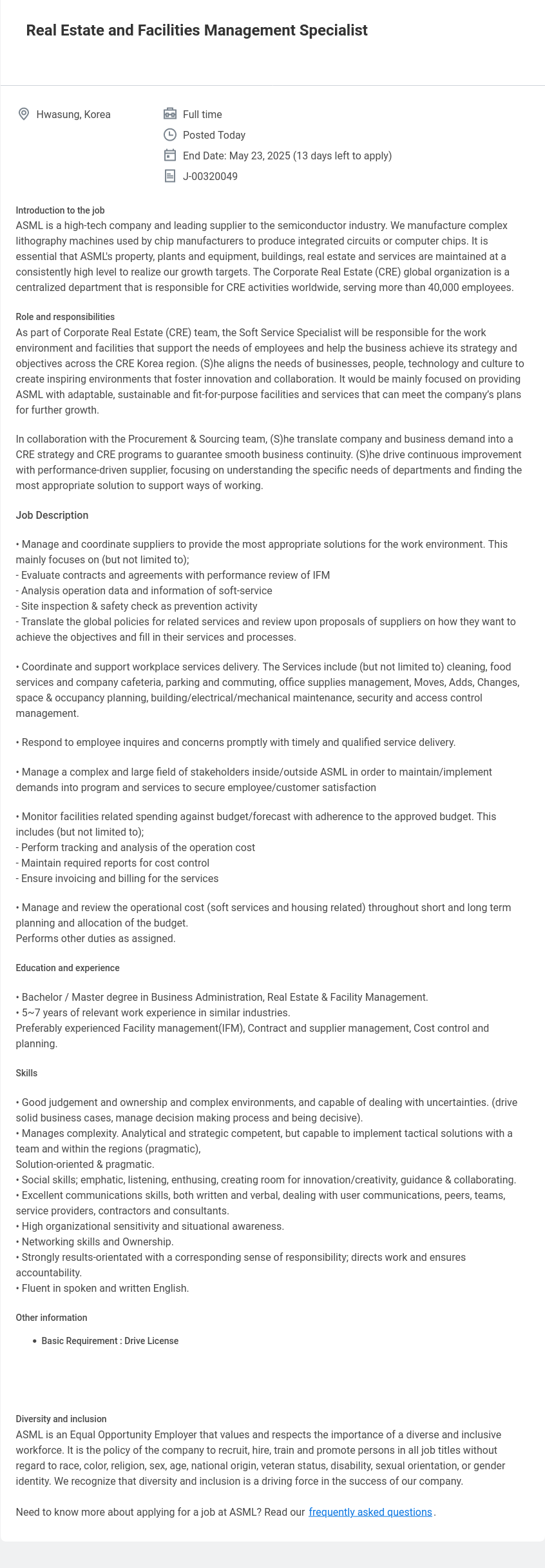 ASML Real Estate and Facilities Management Specialist 채용공고
