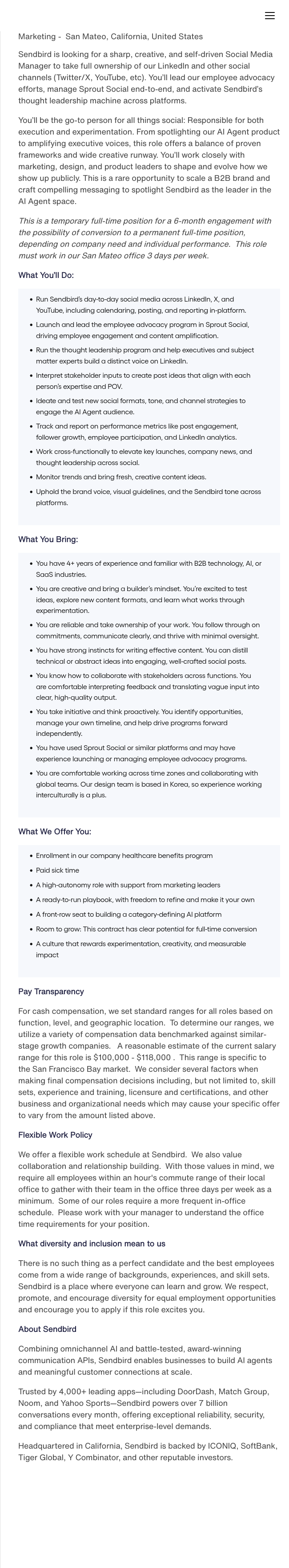 센드버드 Social Media Manager (Temporary, 6-month Contract) 채용공고