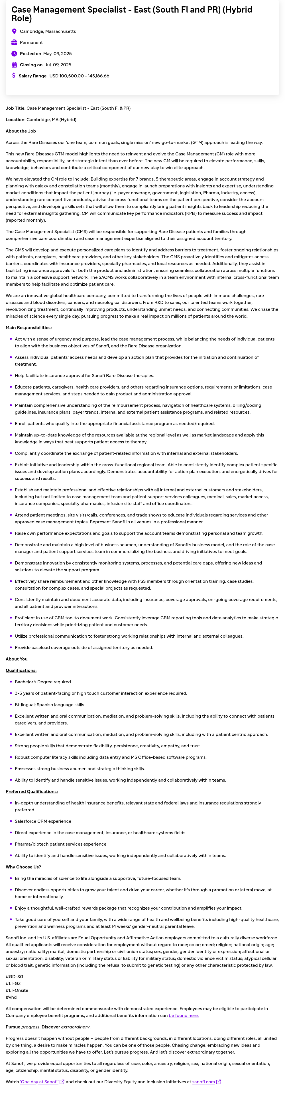 사노피 Case Management Specialist - East (South FL and PR) (Hybrid Role) 채용공고