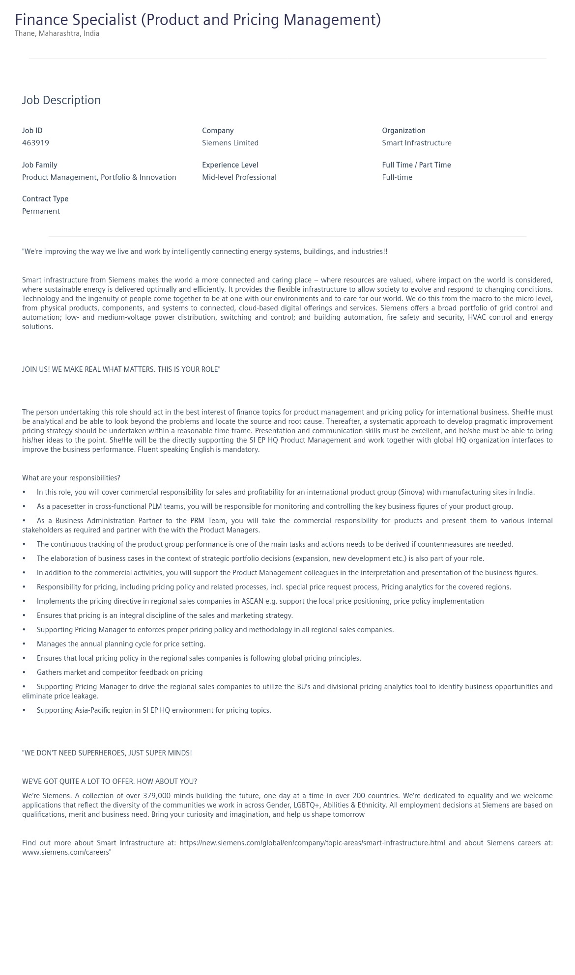지멘스 Finance Specialist (Product and Pricing Management) 채용공고