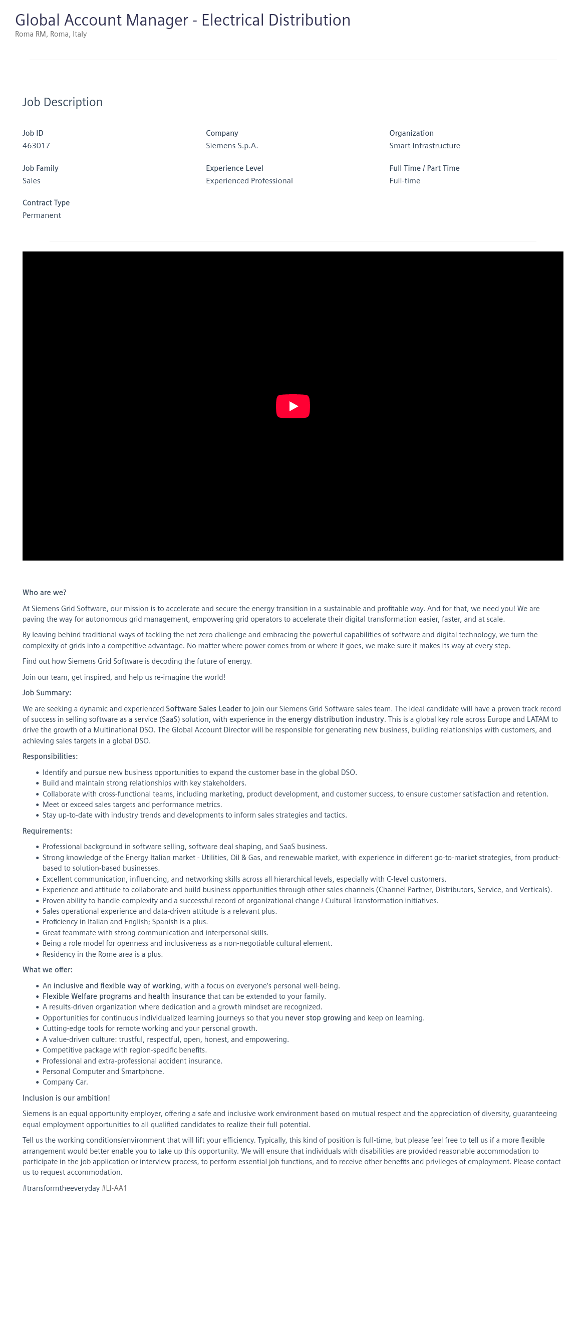 지멘스 Global Account Manager - Electrical Distribution 채용공고