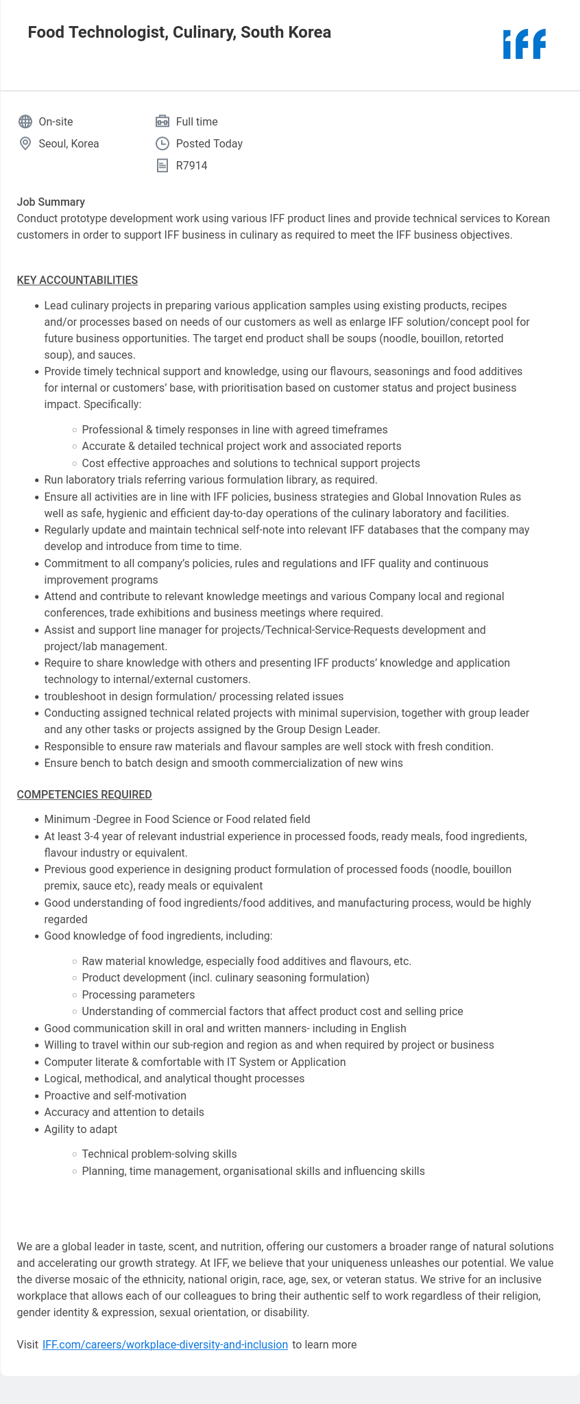 IFF Food Technologist, Culinary, South Korea 채용공고