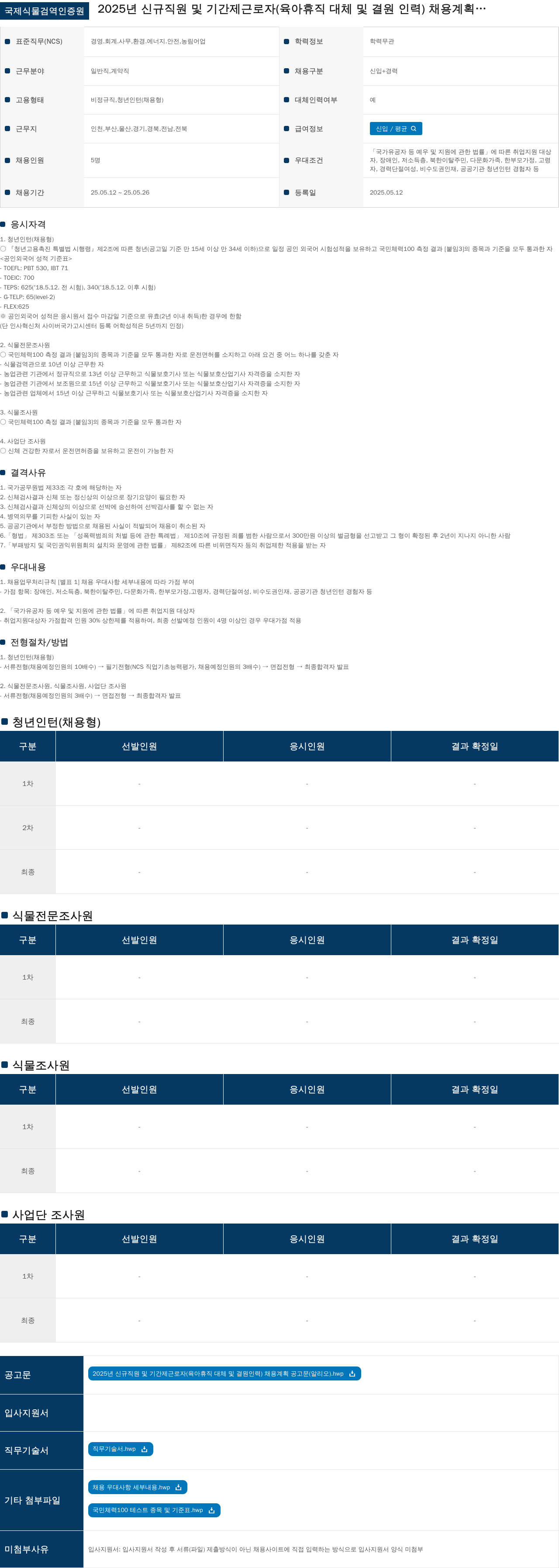 국제식물검역인증원 2025년 신규 직원 및 기간제 근로자(육아휴직 대체 및 결원 인력) 채용 계획 채용공고