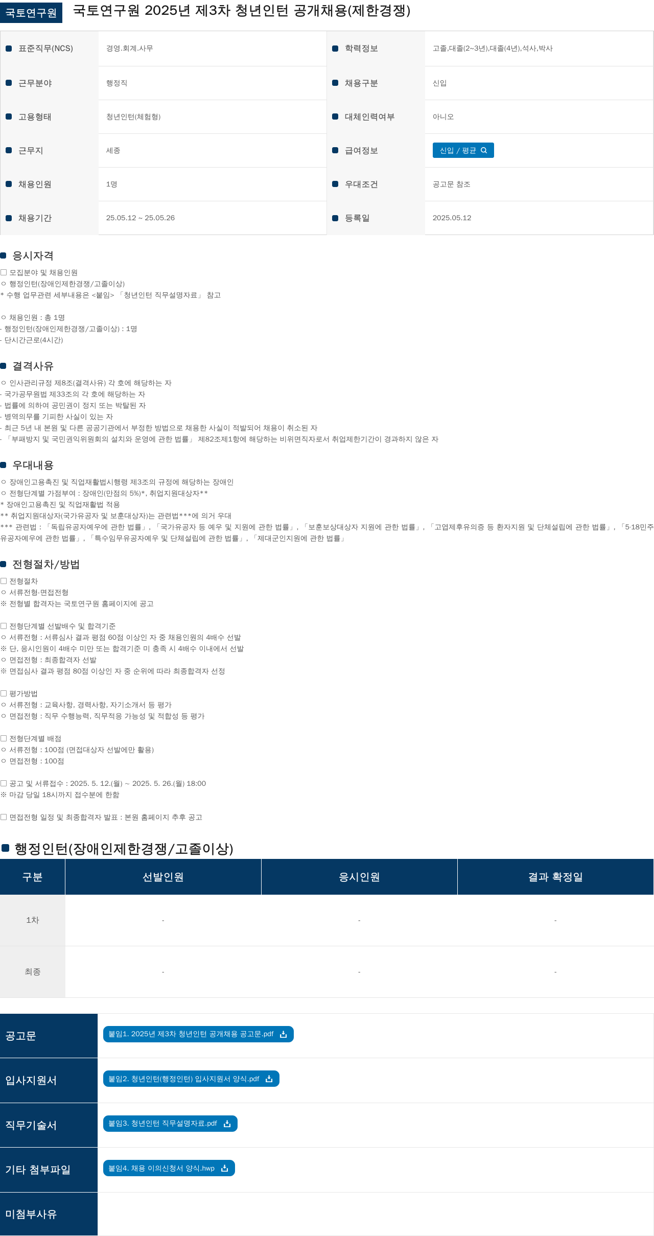 국토연구원 2025년 제3차 청년 인턴 공개 채용(제한 경쟁) 채용공고