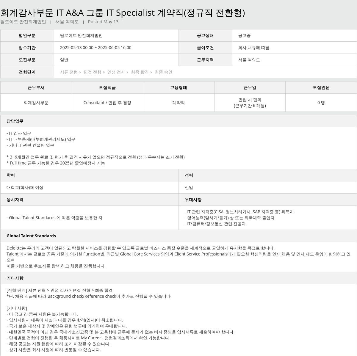 딜로이트안진 회계 감사 부문 IT A & A 그룹 IT Specialist 계약직 (정규직 전환형) 채용공고