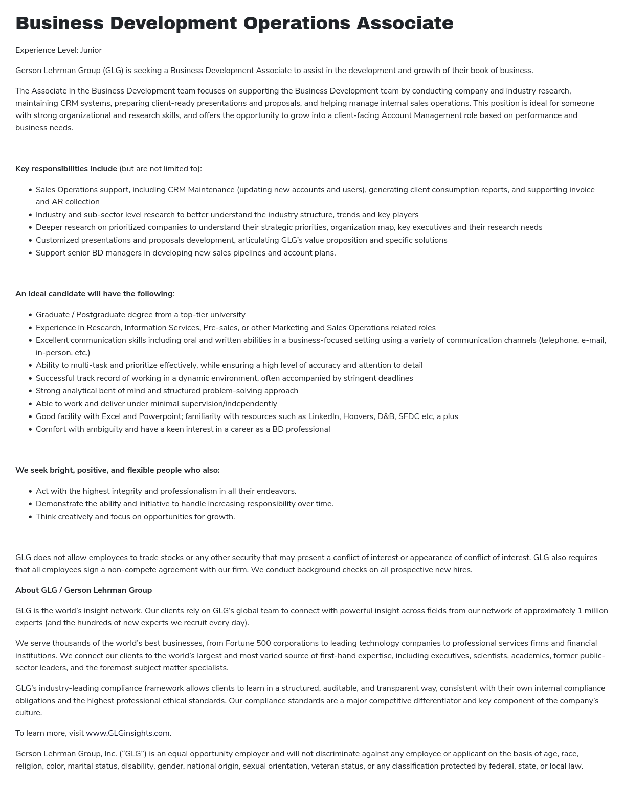 GLG Business Development Operations Associate 채용공고