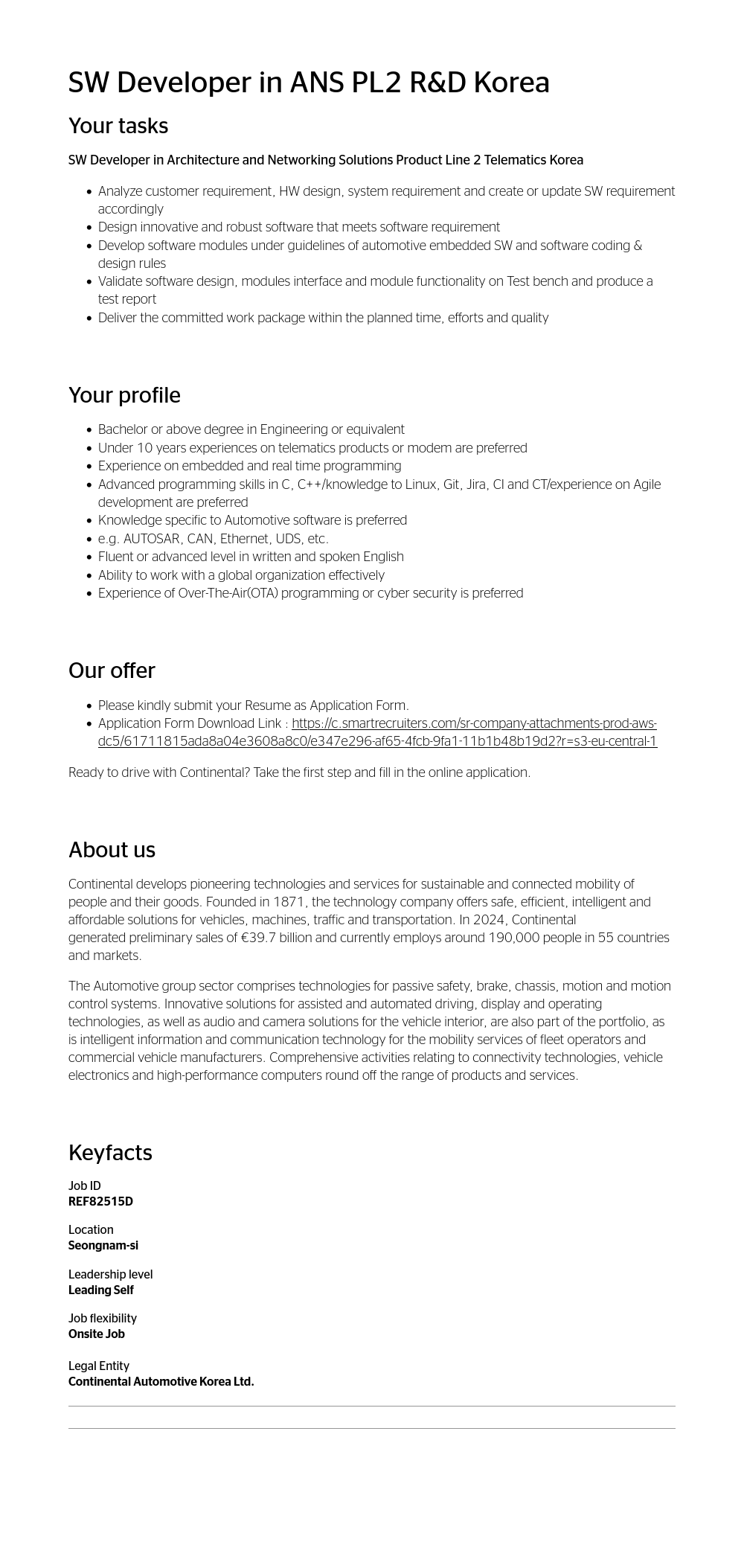 콘티넨탈 AG SW Developer in ANS PL2 R & D Korea 채용공고