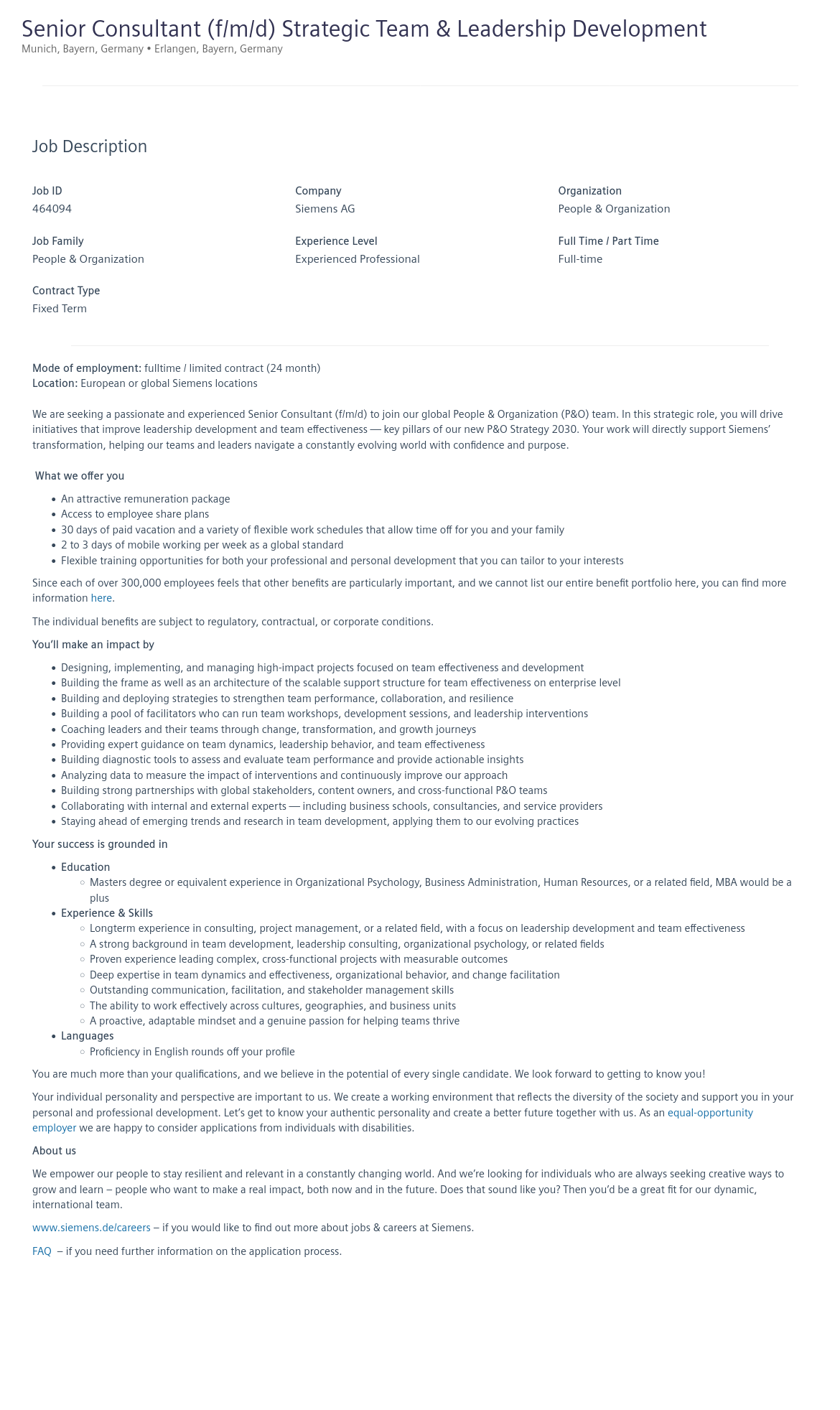 지멘스 Senior Consultant (f/m/d) Strategic Team Leadership & Development 채용공고