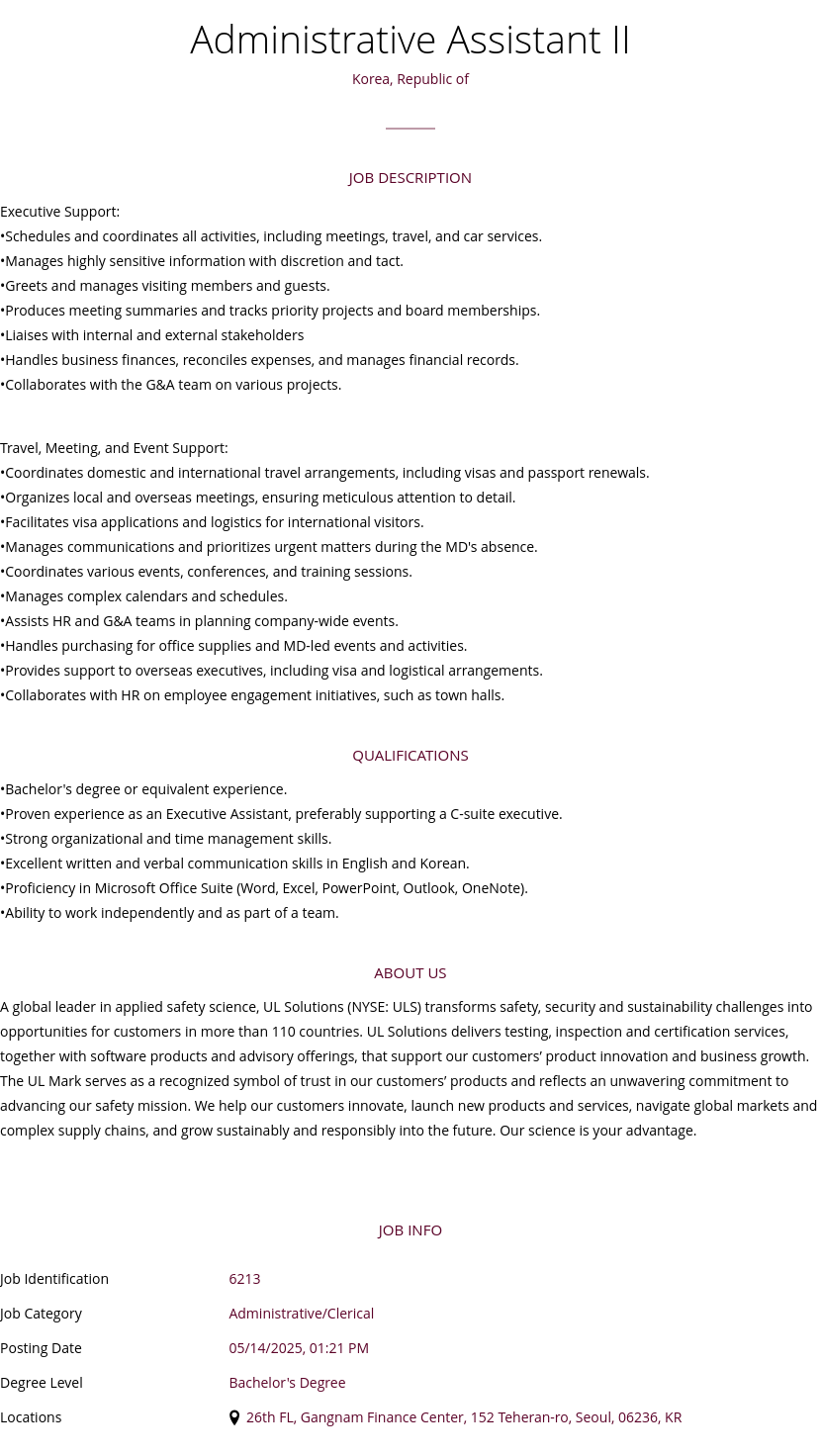 UL Solutions Administrative Assistant II 채용공고